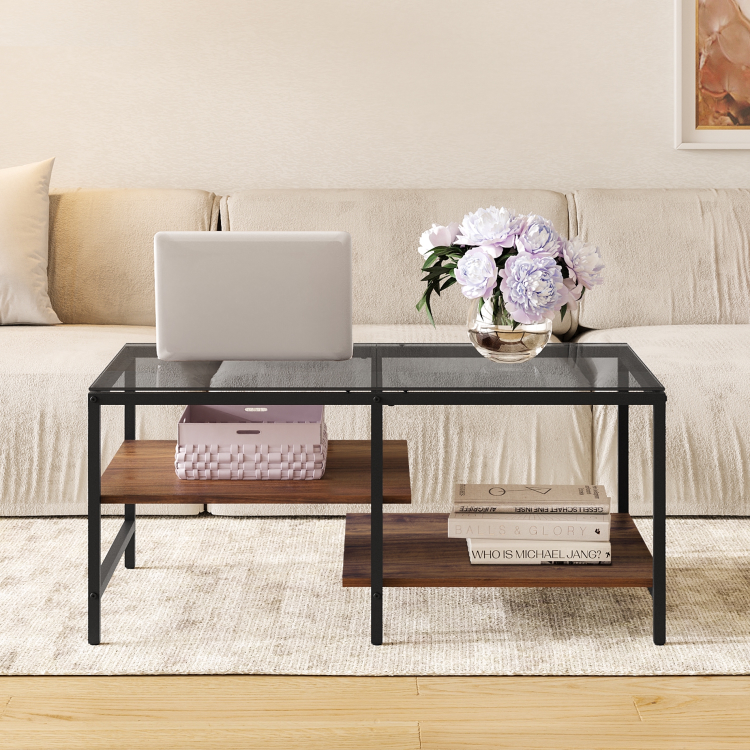 HOMOOI Glass Wood Coffee Table with 2-Tier Staggered Shelves - Farmhouse Tea Center Table with Smoked Grey Tempered Glass for Living Room, 40", Walnut