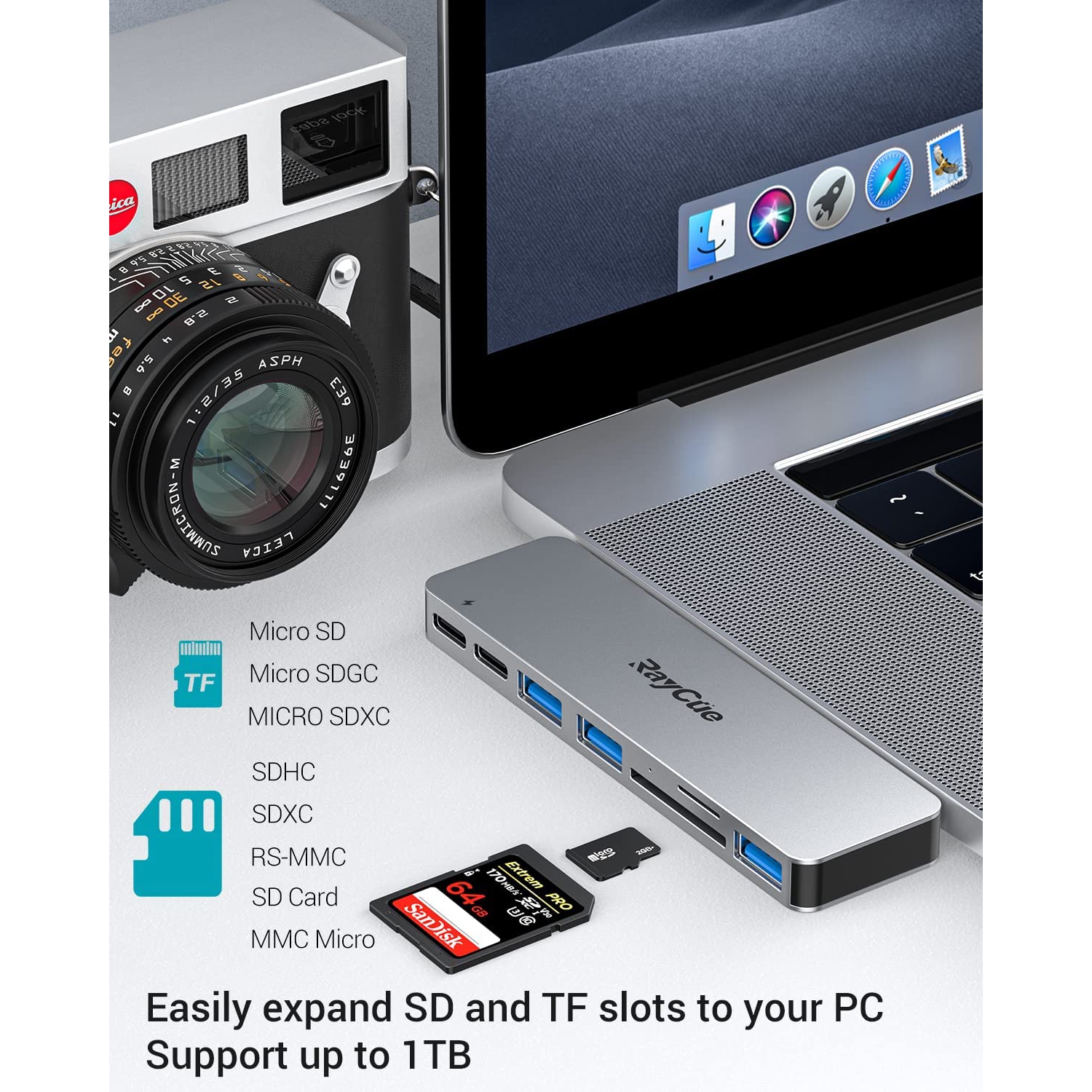 MacBook Pro/Air M1 USB Accessories, MacBook Adapter with Thunderbolt 3 100W PD Port, USB C Port, 3 USB 3.0 Ports, TF/SD Card Reader, USB C Adapter