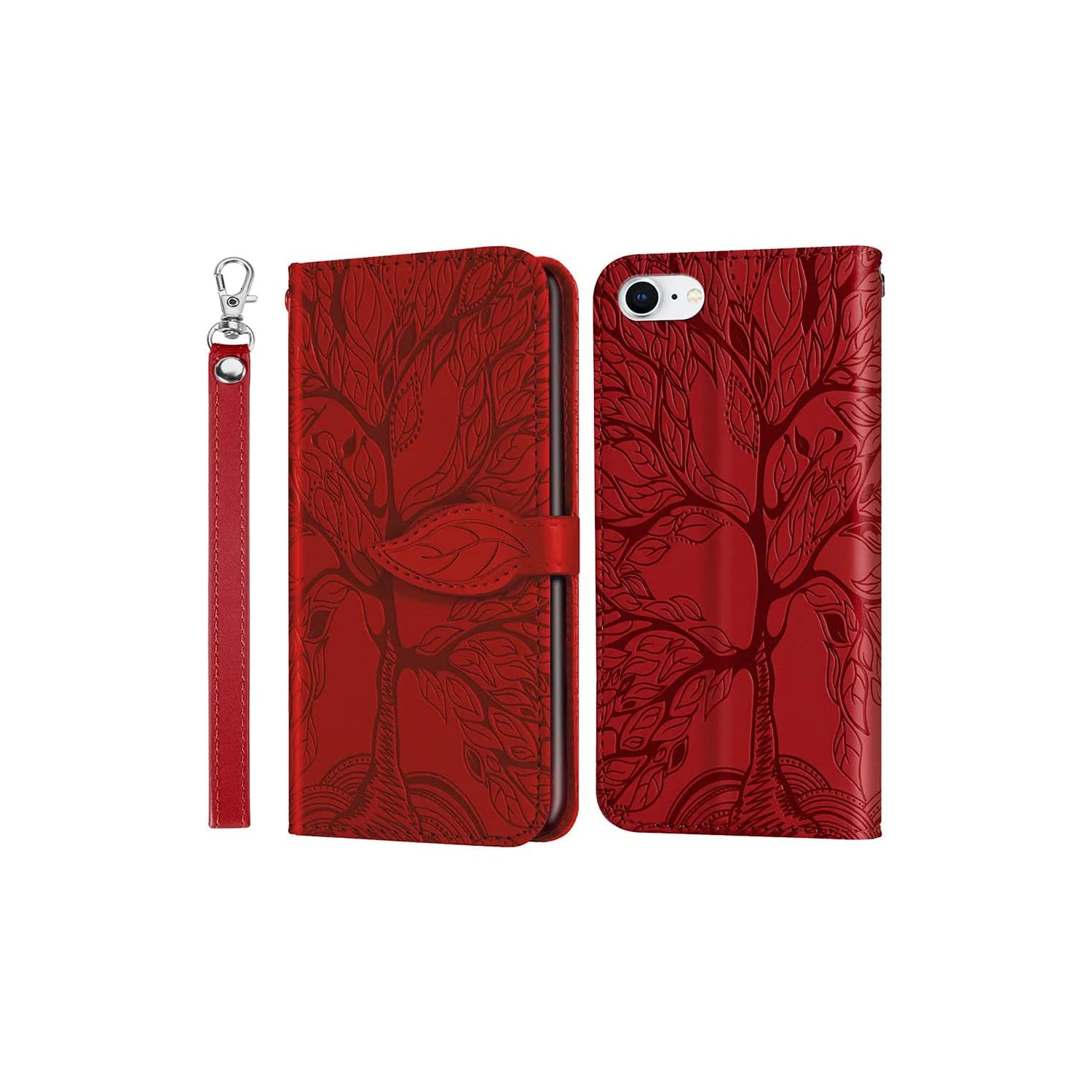 Premium PU Leather Embossed Tree Wallet Case with card slots and wrist strap for iPhone SE 2022 and SE 2020 / iPhone 7 and 8