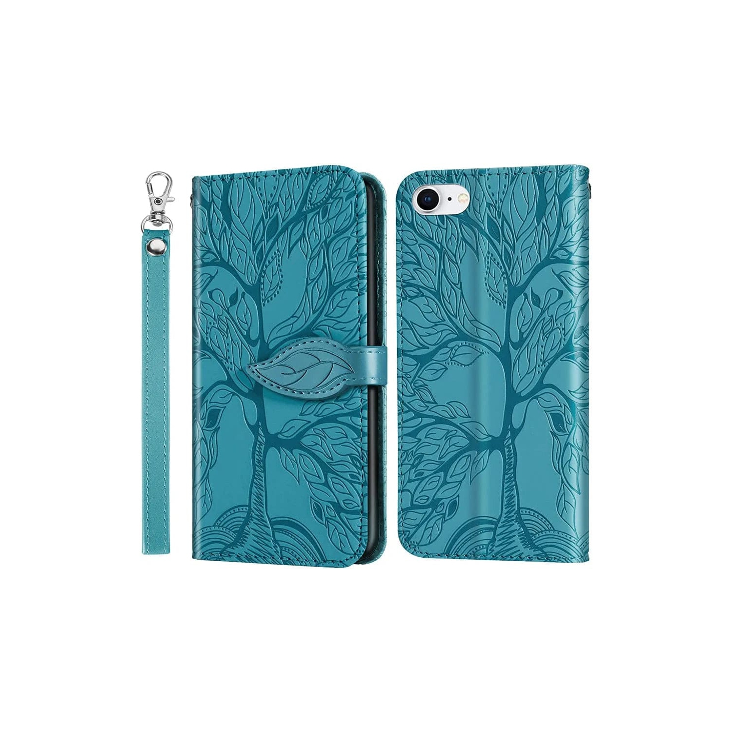 Premium PU Leather Embossed Tree Wallet Case with card slots and wrist strap for iPhone SE 2022 and SE 2020 / iPhone 7 and 8
