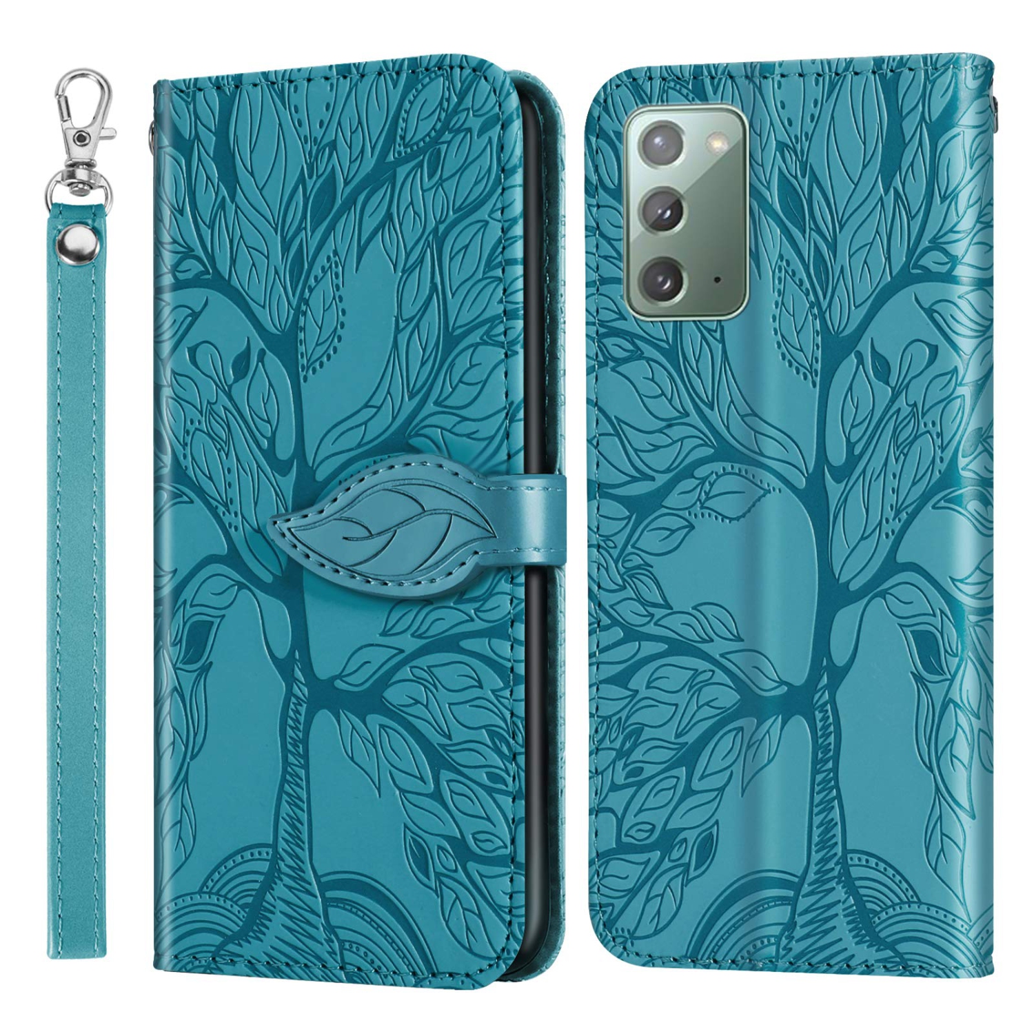 Premium PU Leather Embossed Tree Wallet Case with card slots and wrist strap for Samsung Galaxy Note 20 SM-N980