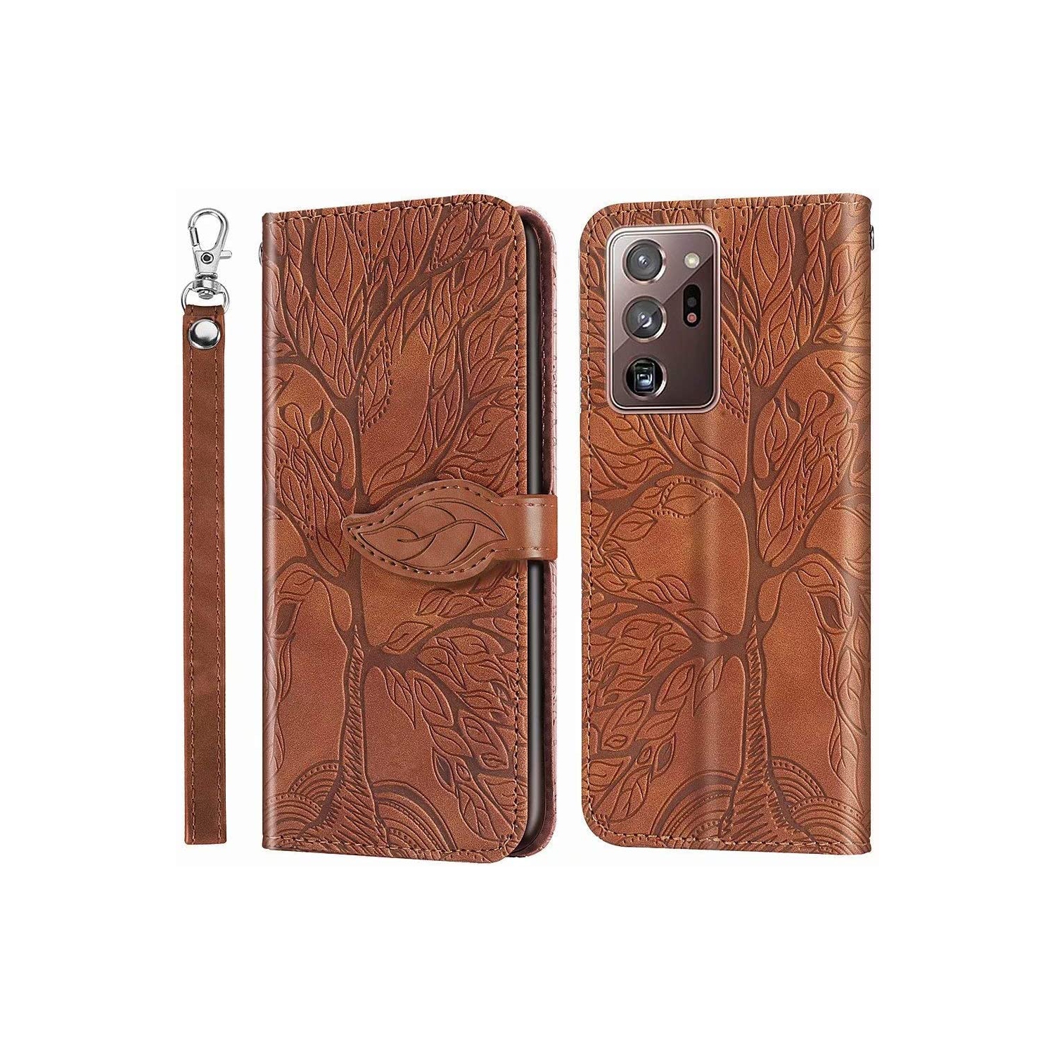 Premium PU Leather Embossed Tree Wallet Case with card slots and wrist strap for Samsung Galaxy Note 20 Ultra SM-N986
