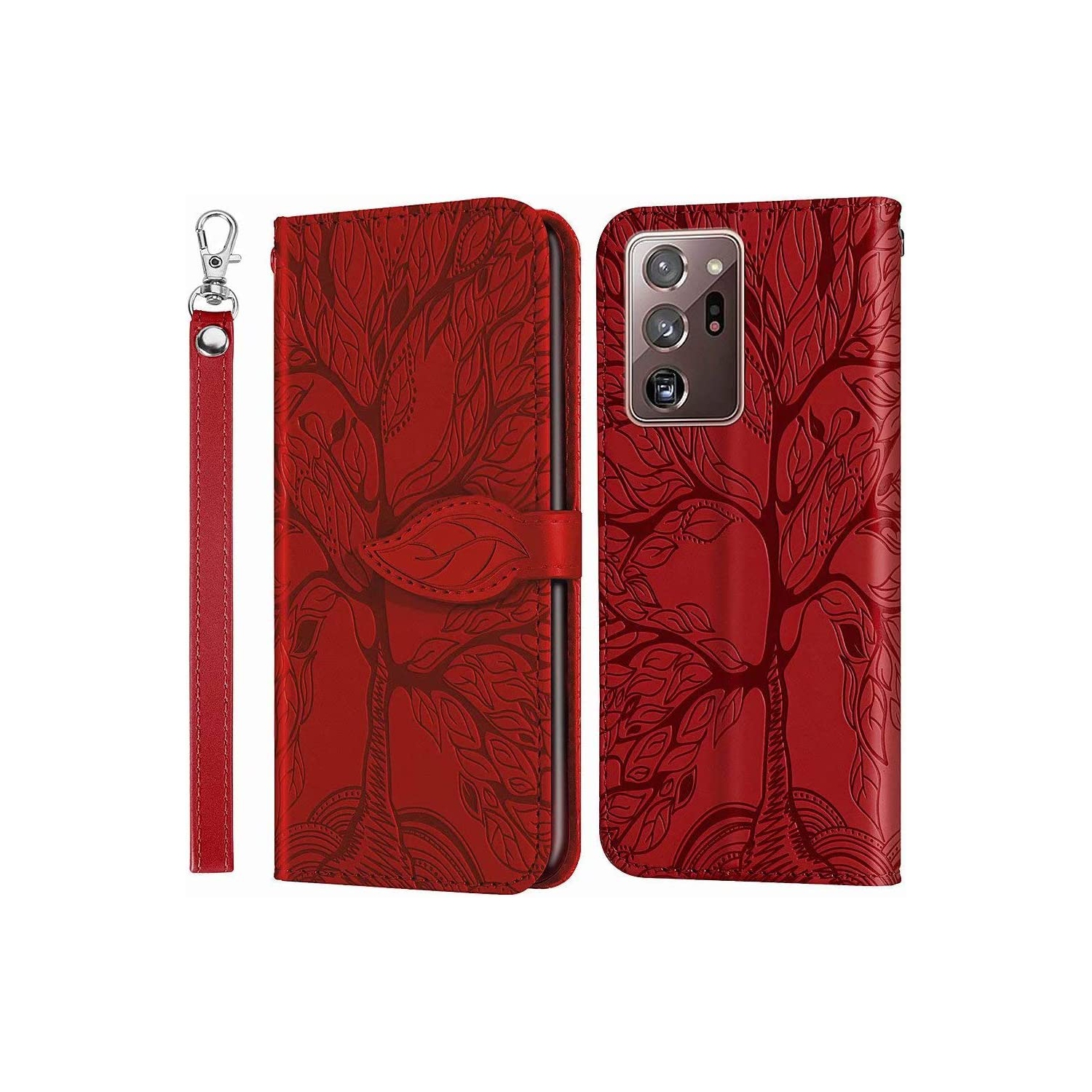 Premium PU Leather Embossed Tree Wallet Case with card slots and wrist strap for Samsung Galaxy Note 20 Ultra SM-N986