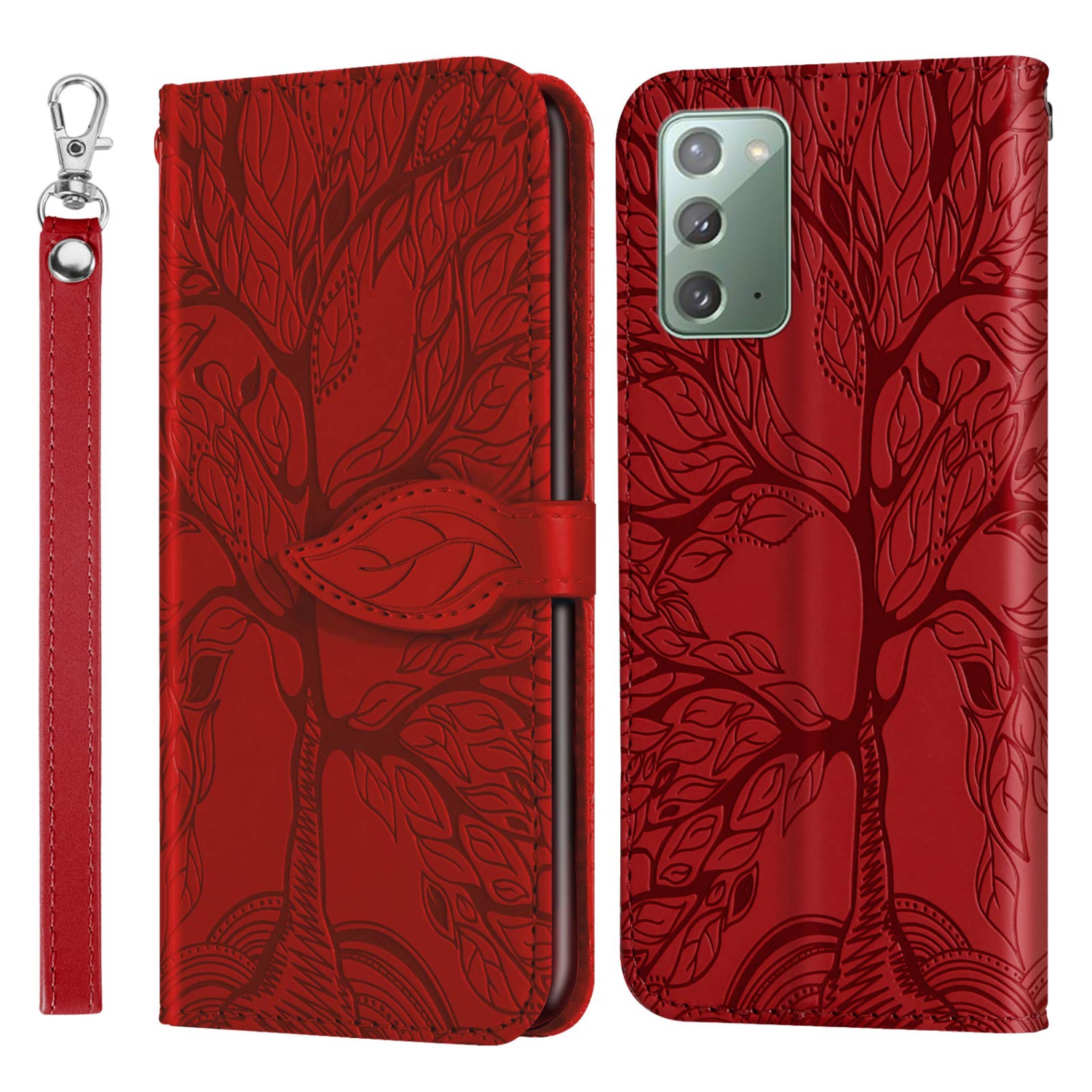 Premium PU Leather Embossed Tree Wallet Case with card slots and wrist strap for Samsung Galaxy Note 20 SM-N980