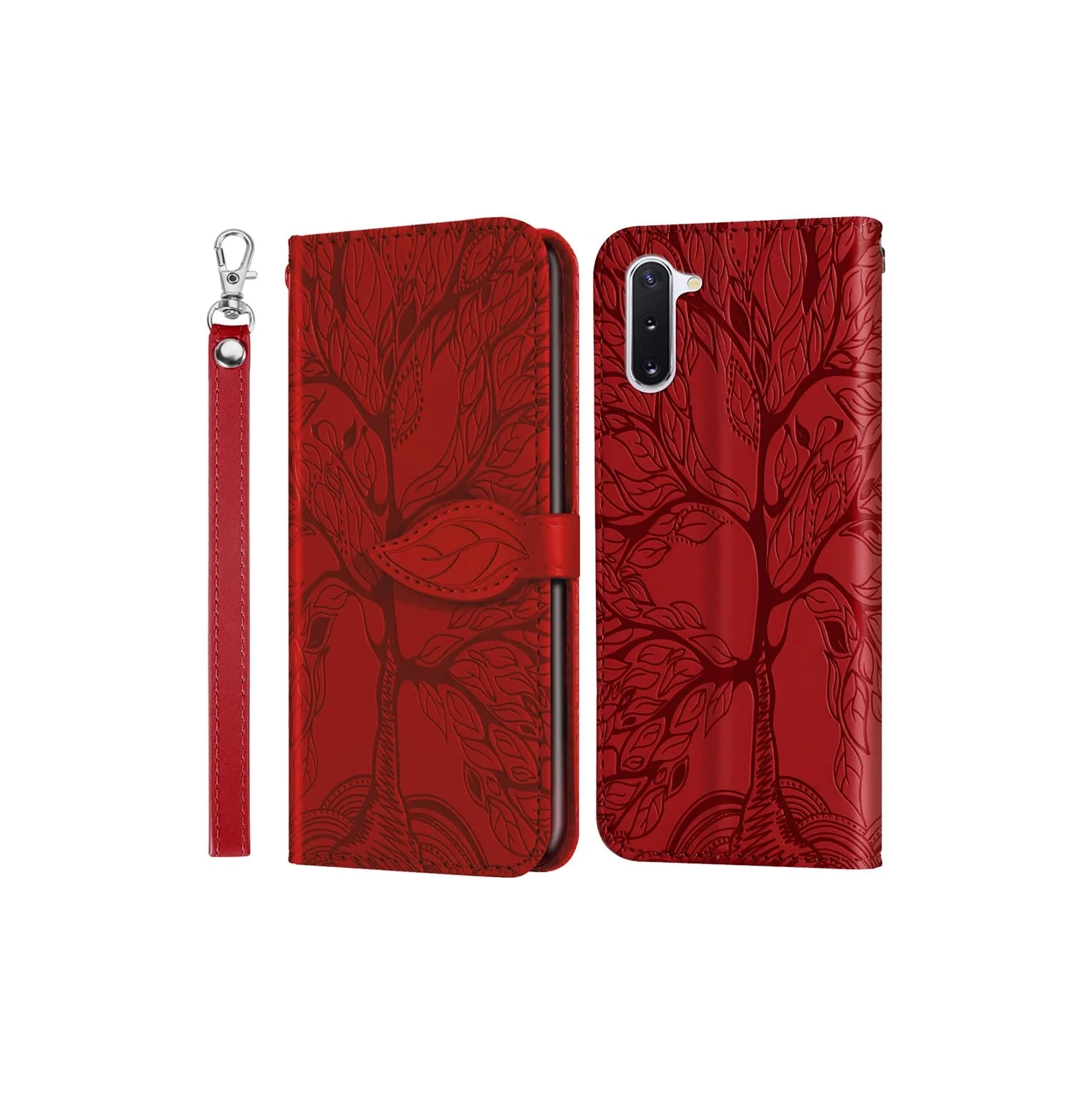 Premium PU Leather Embossed Tree Wallet Case with card slots and wrist strap for Samsung Galaxy Note 10 SM-N970