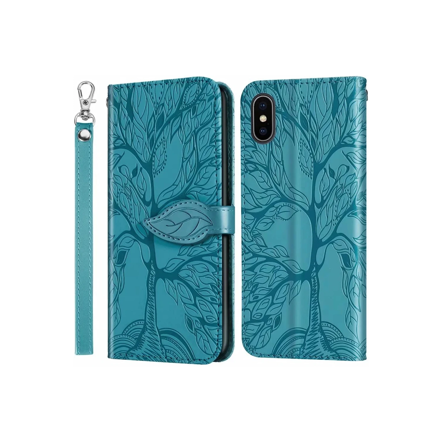 Premium PU Leather Embossed Tree Wallet Case with card slots and wrist strap for iPhone XS Max A1921