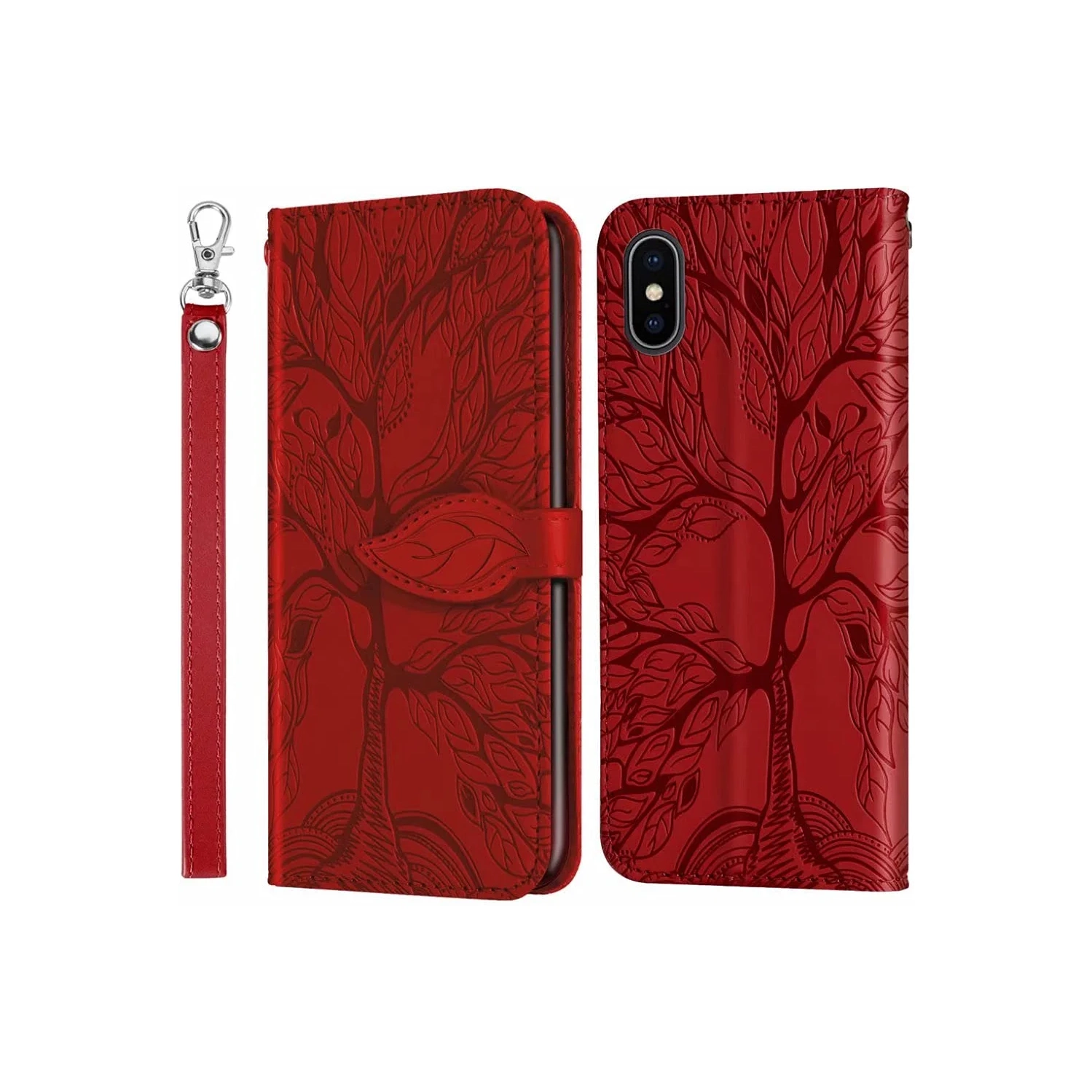 Premium PU Leather Embossed Tree Wallet Case with card slots and wrist strap for iPhone XS Max A1921