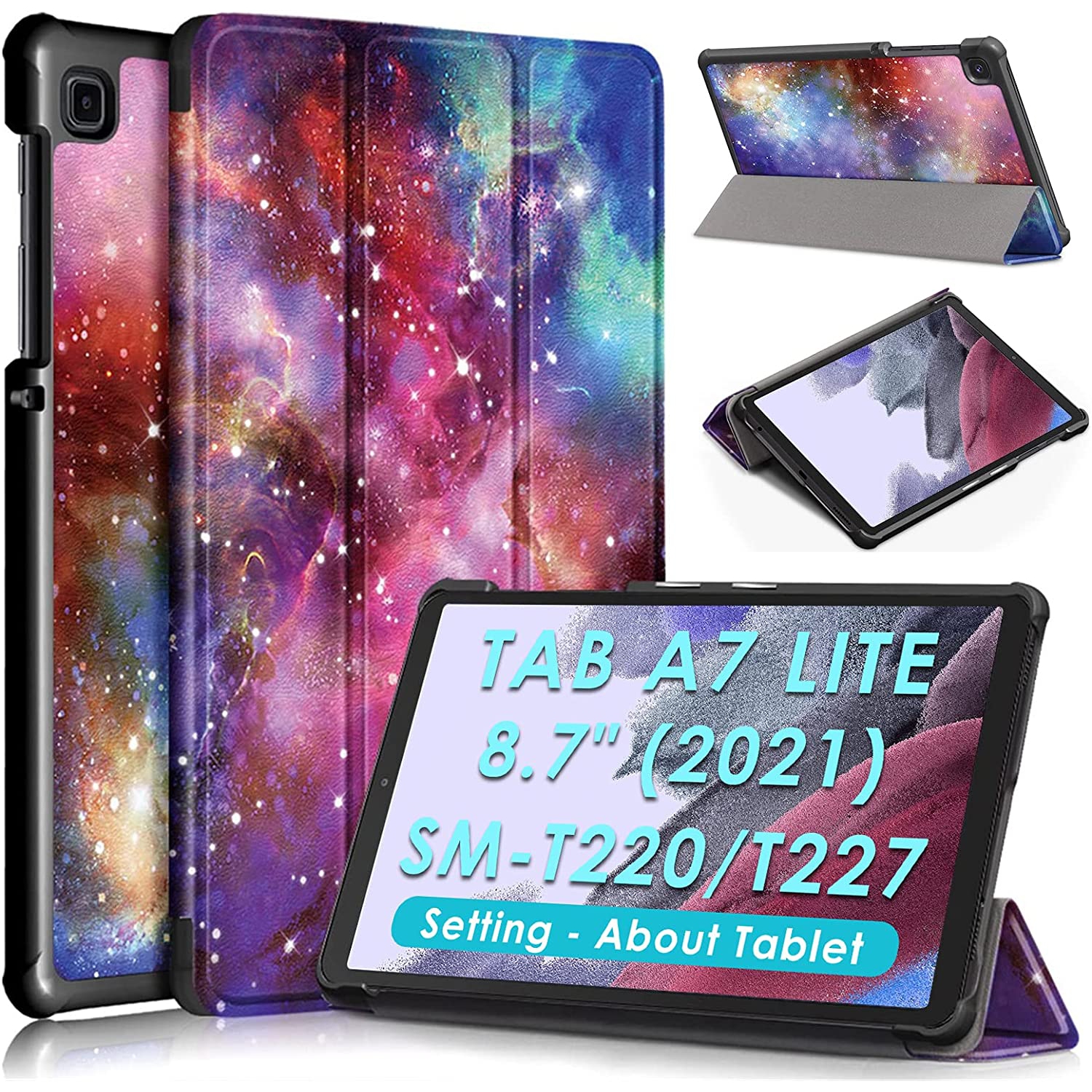 D Slim Case for Samsung Galaxy Tab A7 Lite 8.7 2021 (SM-T220/T227u/T225), Ultra Thin Folio Tri-fold Flip PU Leather Book Cover Multi-Angle Stand + Protective Hard Back Shell + Magn