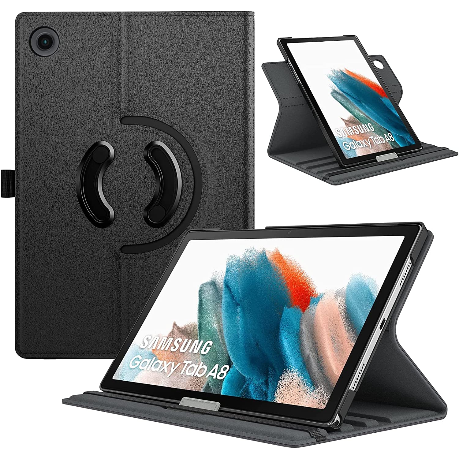 T Case for Samsung Galaxy Tab A8 10.5 Case 2022, Galaxy Tab A8 Case SM-X200/SM-X205, 90 Degree Rotating Swivel Leather Cover, Multiple Viewing Angles Folding Stand Case, Black