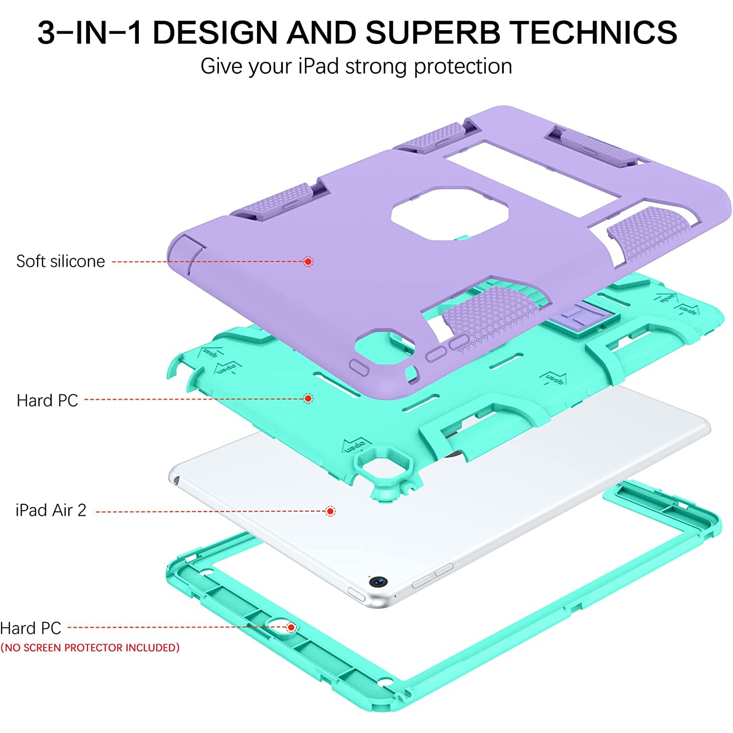 B iPad – Étui pour Air 2, iPad Air 2e génération, étui iPad Air 2, coque hybride rigide en silicone souple, béquille en silicone robuste, protecteur