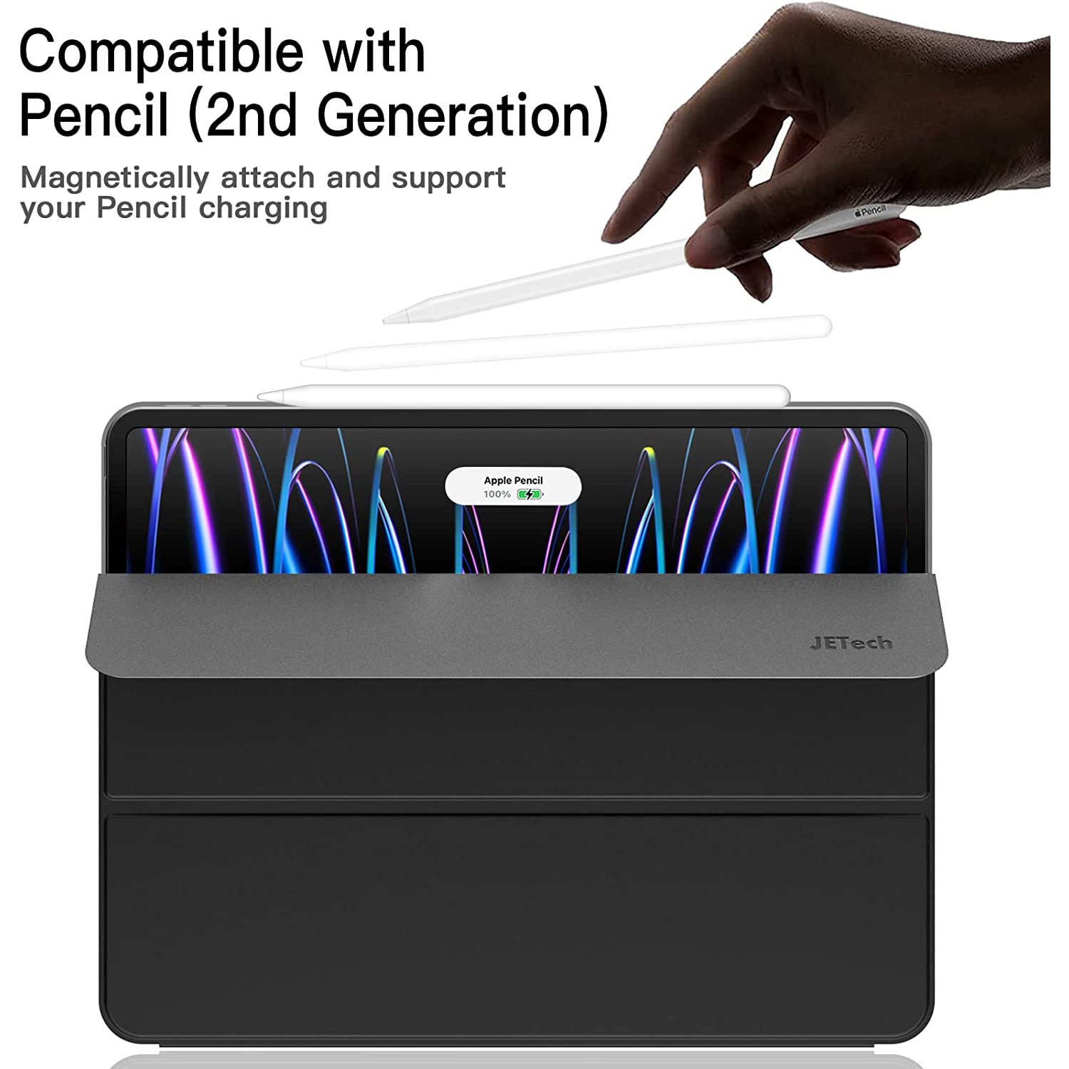 J Magnetic Case for iPad Pro 12.9 Inch 2022/2021/2020/2018, Pencil 2nd Charging, Magnetic Attachment, Cover Auto Wake/Sleep (Black)