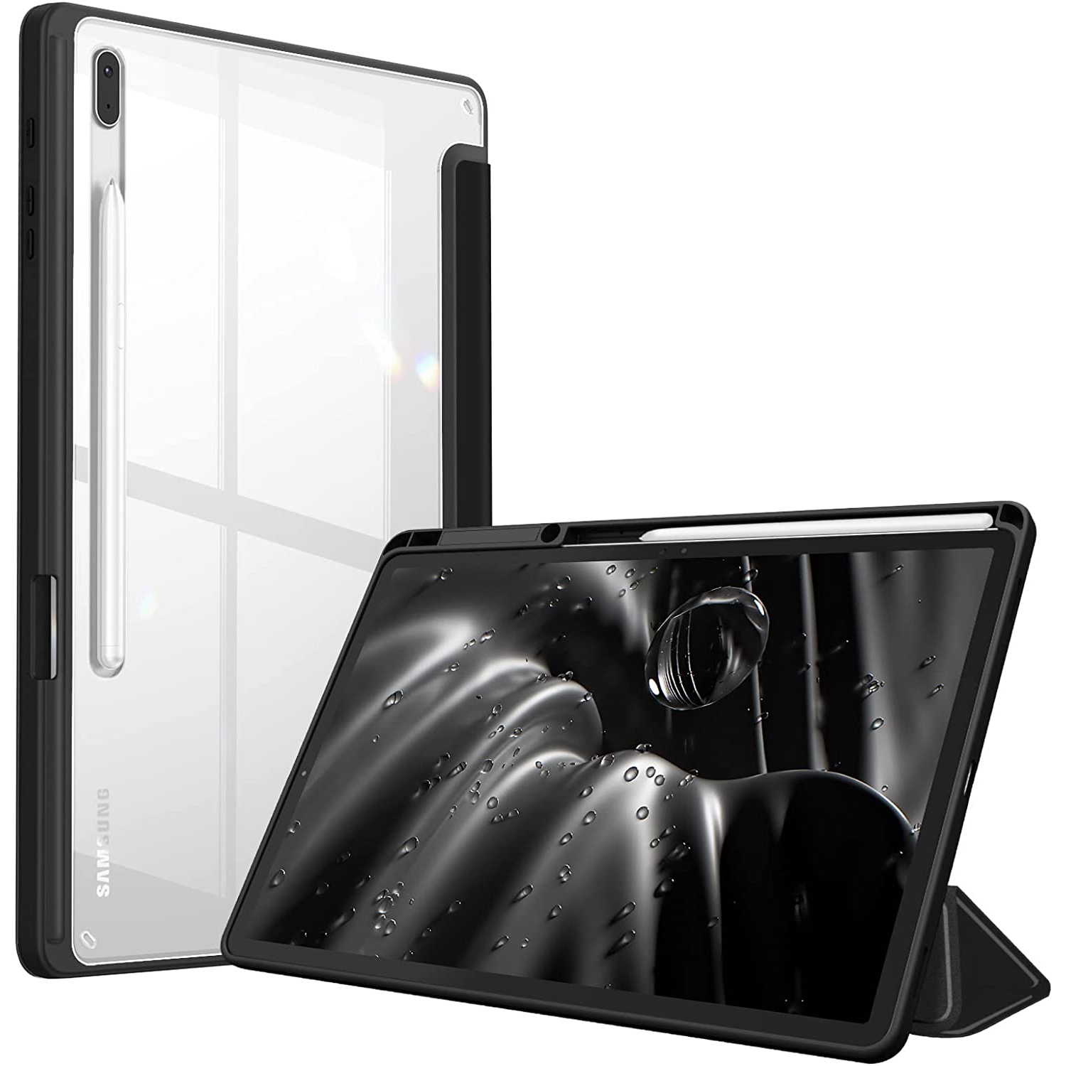 F Hybrid Slim Case for Samsung Galaxy Tab S8 Plus 2022/S7 FE 2021/S7 Plus 2020 12.4 inch with S Pen Holder, Shockproof Cover with Clear Transparent Back Shell, Auto Wake/Sleep, Bla