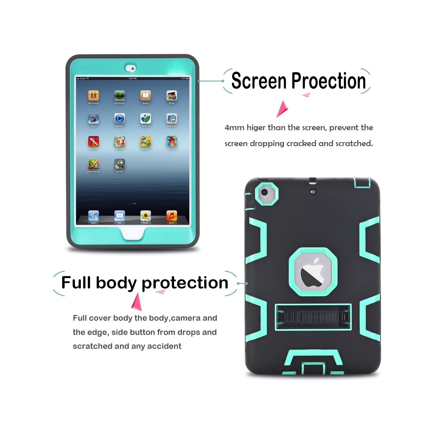 Mini étui iPad, mini étui iPad 2, étui iPad Mini 3, béquille robuste 3 en 1 Combo étui rigide en silicone pour iPad mini 1 2 3