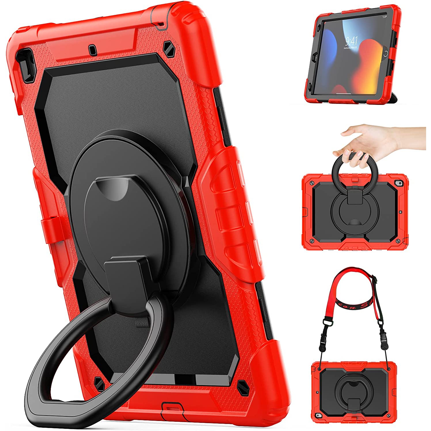 T Kids Case for iPad 9th/ 8th/ 7th Generation 2021/ 2020/ 2019, Durable Shockproof Protective Case with Screen Protector, 360° Rotating Kickstand and Shoulder Strap for iPad 10.2 C