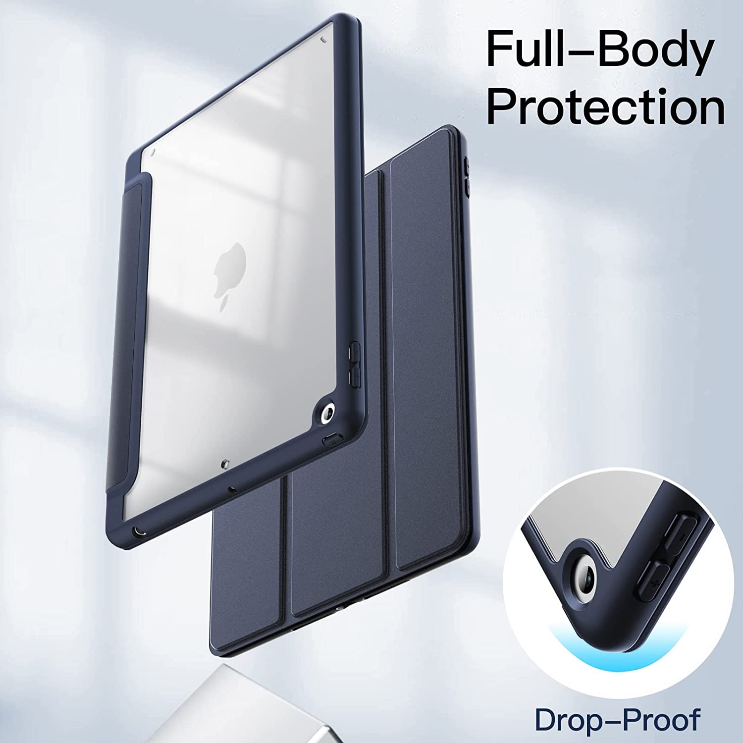 Étui en J pour iPad de 10.2 po avec porte-crayon, coque arrière transparente antichoc pour tablette, veille/veille automatique (bleu marine)