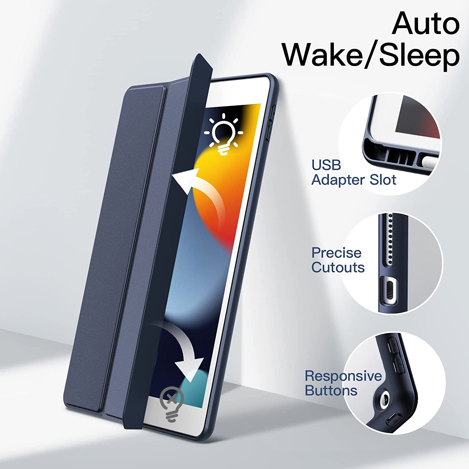 Étui en J pour iPad de 10.2 po avec porte-crayon, coque arrière transparente antichoc pour tablette, veille/veille automatique (bleu marine)