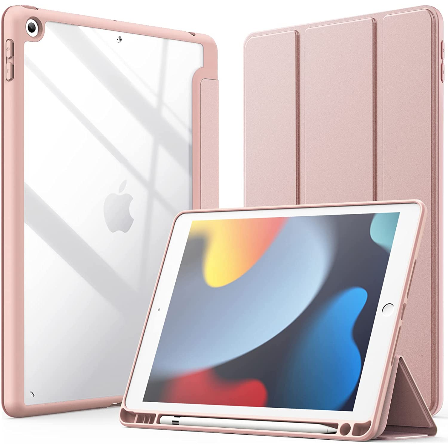 J Case for iPad 10.2-Inch with Pencil Holder, Clear Transparent Back Shell Slim Stand Shockproof Tablet Cover, Auto Wake/Sleep (Rose Gold)