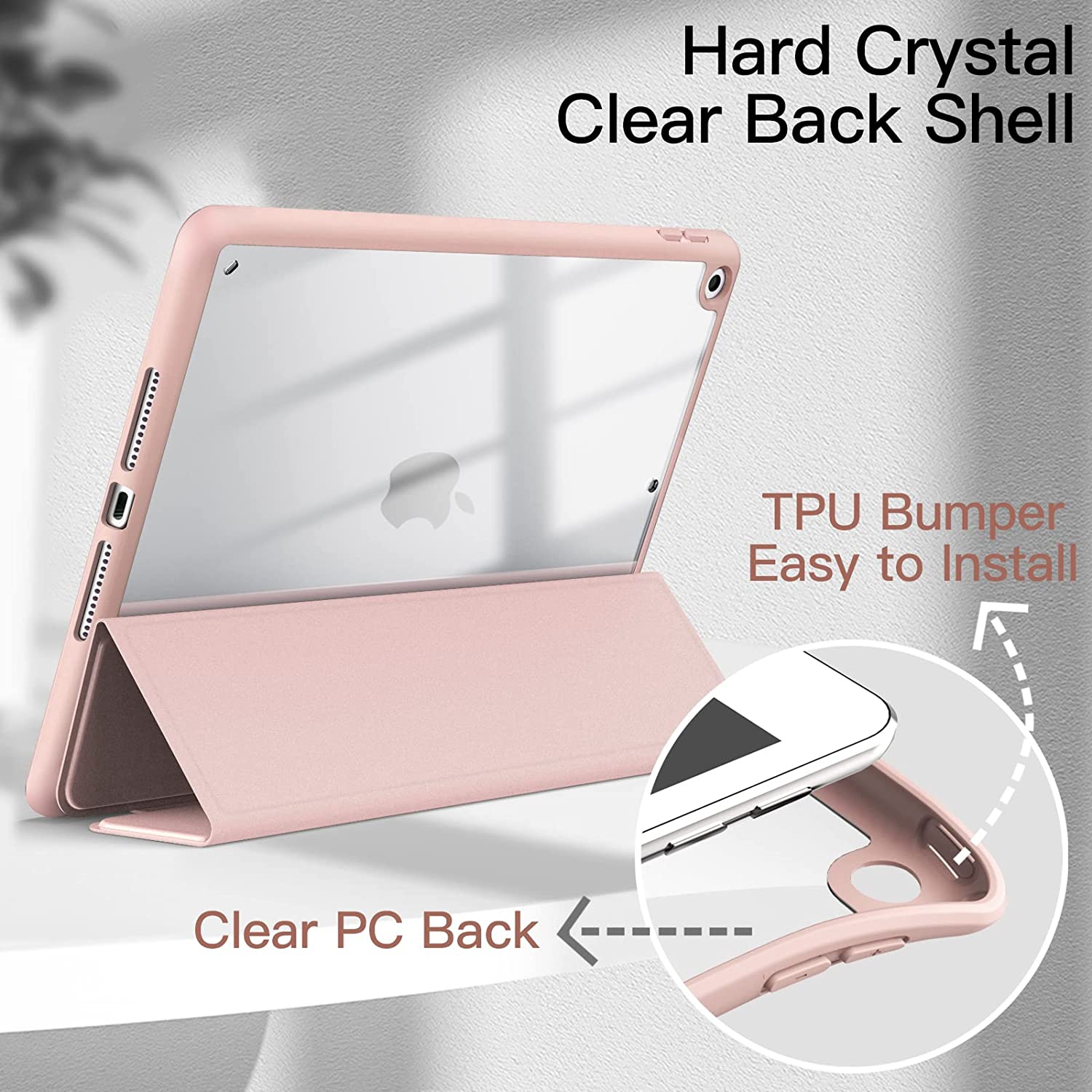 J Case for iPad 10.2-Inch with Pencil Holder, Clear Transparent Back Shell Slim Stand Shockproof Tablet Cover, Auto Wake/Sleep (Rose Gold)