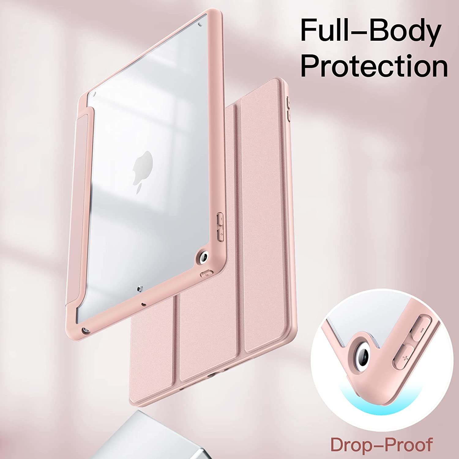 J Case for iPad 10.2-Inch with Pencil Holder, Clear Transparent Back Shell Slim Stand Shockproof Tablet Cover, Auto Wake/Sleep (Rose Gold)