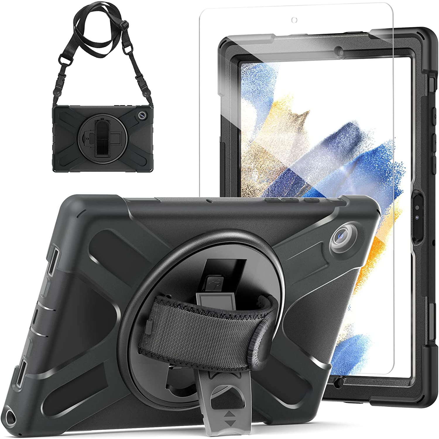 S Samsung Galaxy Tab A8 Case with Screen Protector Galaxy Tab A8 Case 2022 10.5 inch SM-X200/X205/X207 Hard Durable Rugged Protective Tab A8 Cover W/ Stand Strap for Business O
