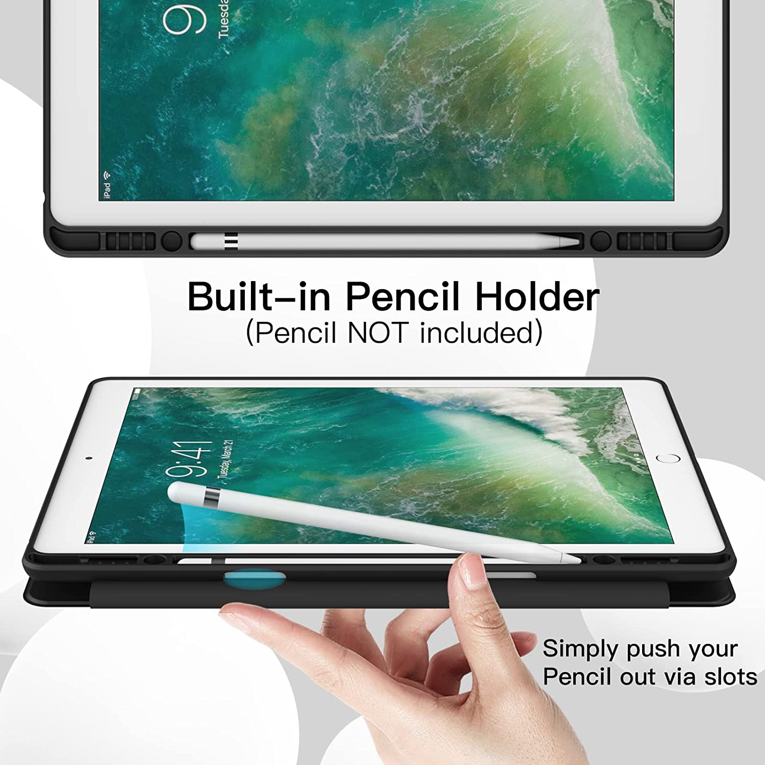 Étui J pour iPad Pro de 12.9 po avec porte-crayon, couverture mince pour tablette avec dos en TPUR souple, fonction de veille/veille automatique