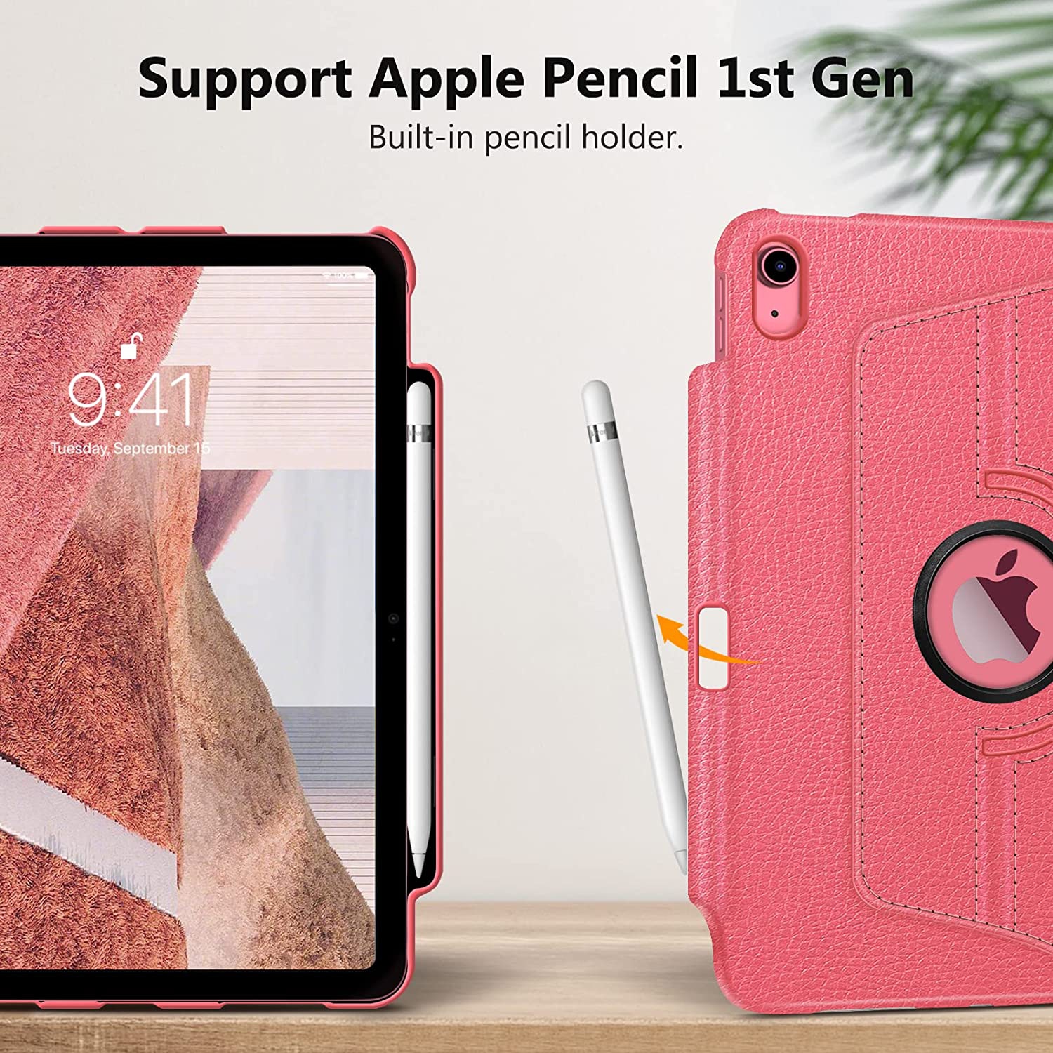 F Rotating Case for iPad 10th Generation 10.9 Inch Tablet with Pencil Holder - 360 Degree Rotating Protective Stand Cover with Auto Sleep/Wake, Pink
