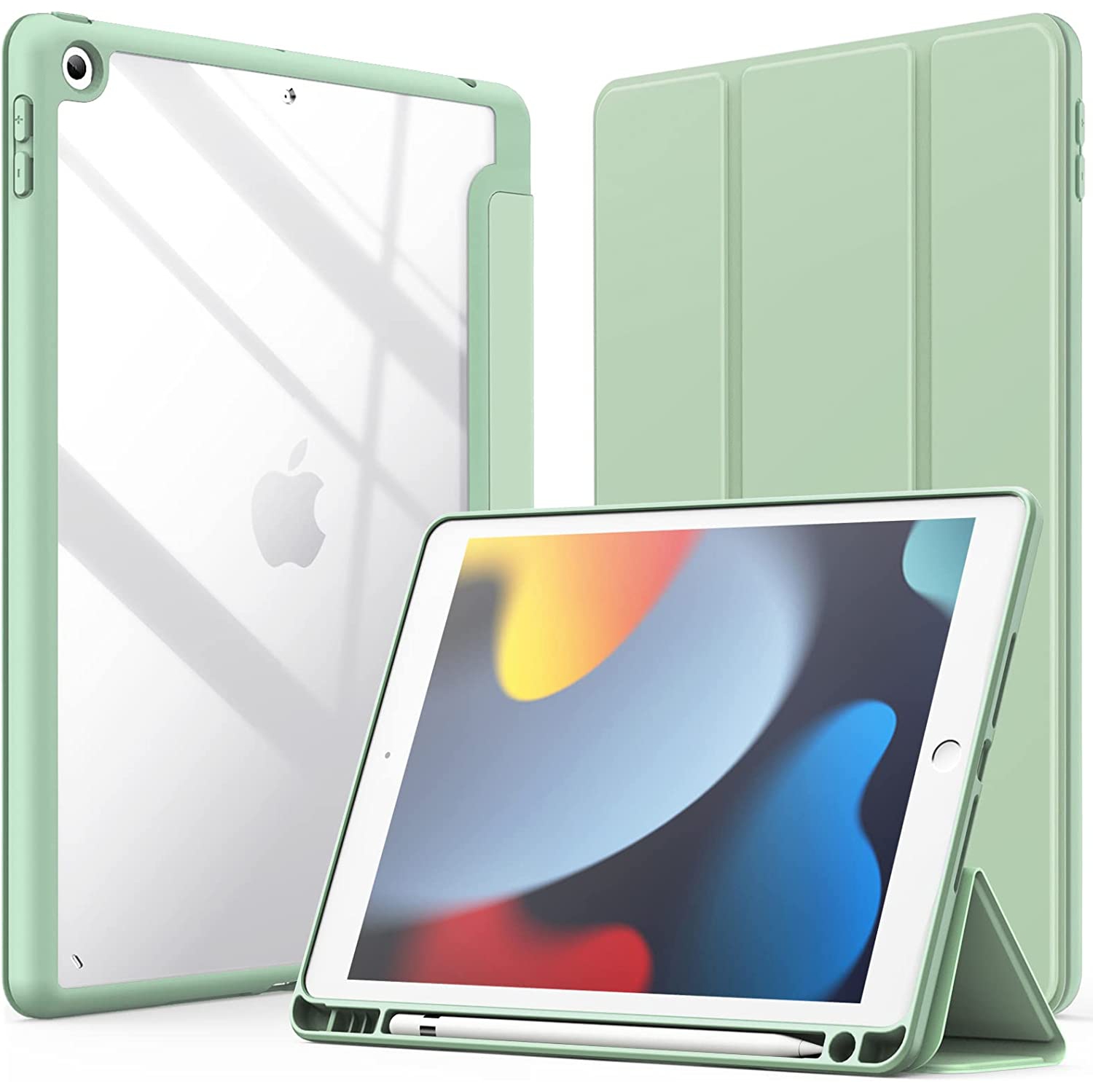 Étui en J pour iPad de 10.2 po avec porte-crayon, coque arrière transparente résistante aux chocs, veille/veille automatique (matcha Gree)