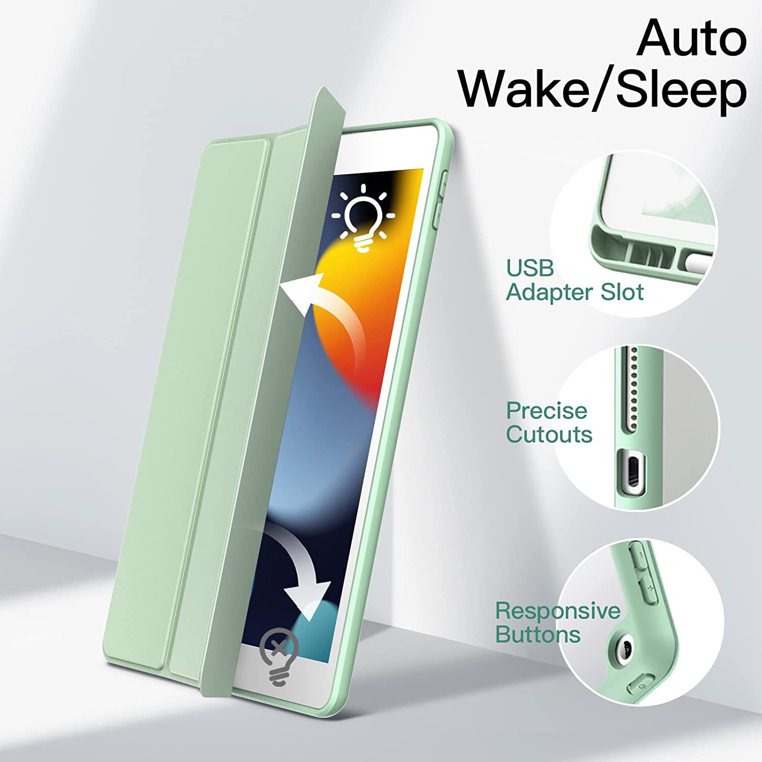 Étui en J pour iPad de 10.2 po avec porte-crayon, coque arrière transparente résistante aux chocs, veille/veille automatique (matcha Gree)