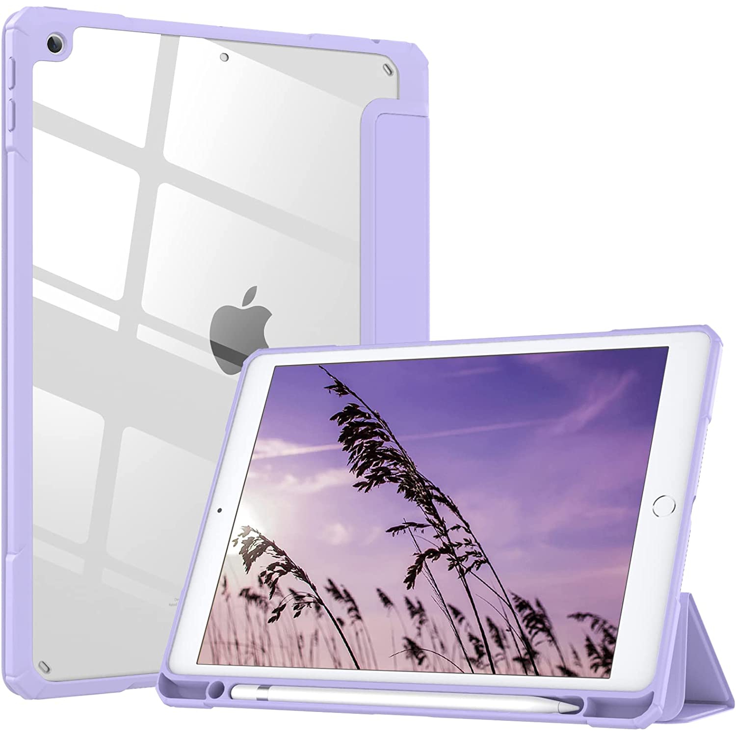 T Case for New iPad 9th Generation 2021/8th Gen 2020/7th Gen 2019 with Pencil Holder, Slim Protective Case with Clear Back Shell & Auto Wake/Sleep for iPad 10.2 Case, Taro Purple