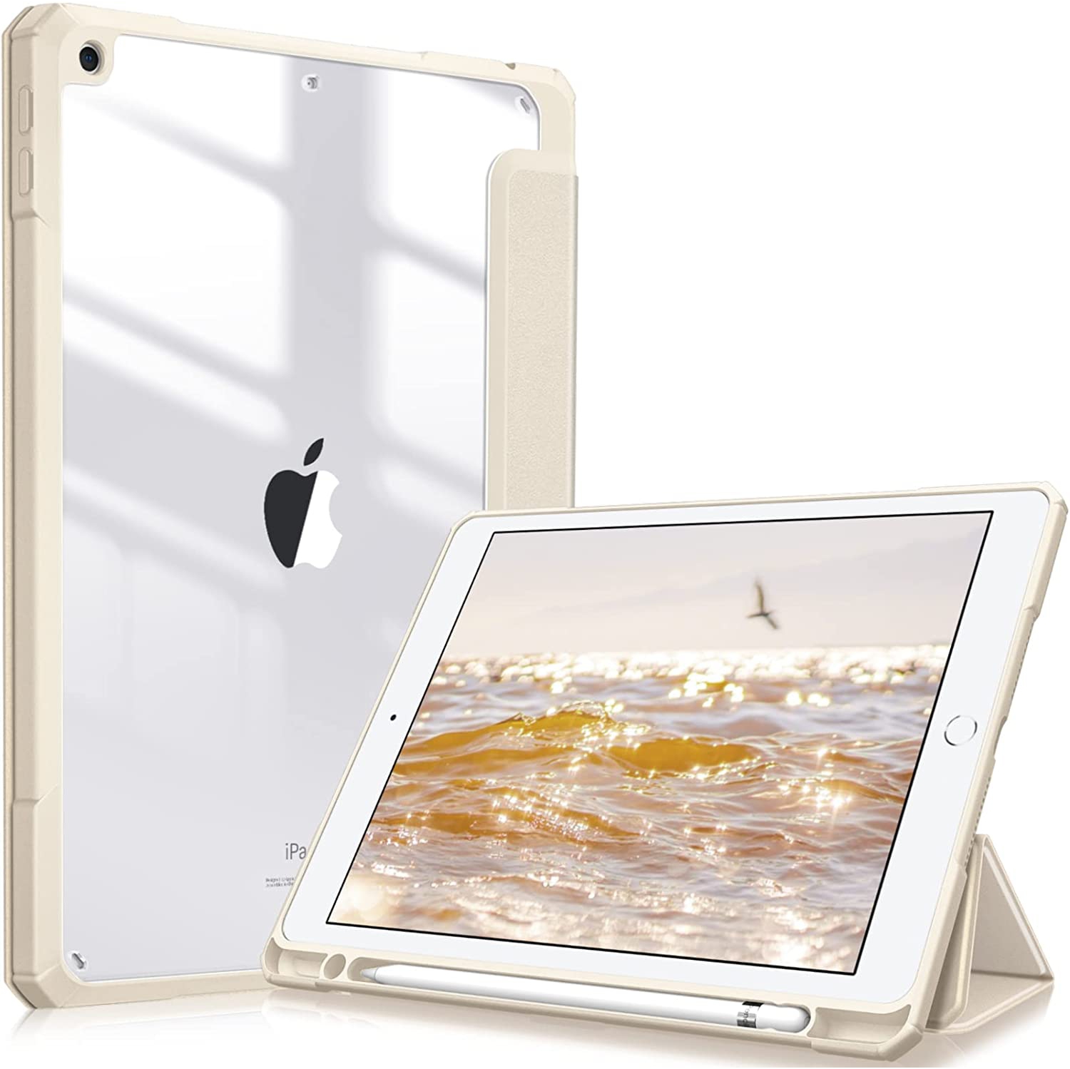 F Hybrid Slim Case for iPad 9th / 8th / 7th Generation 10.2 inch - [Built-in Pencil Holder] Shockproof Cover with Clear Transparent Back Shell, Auto