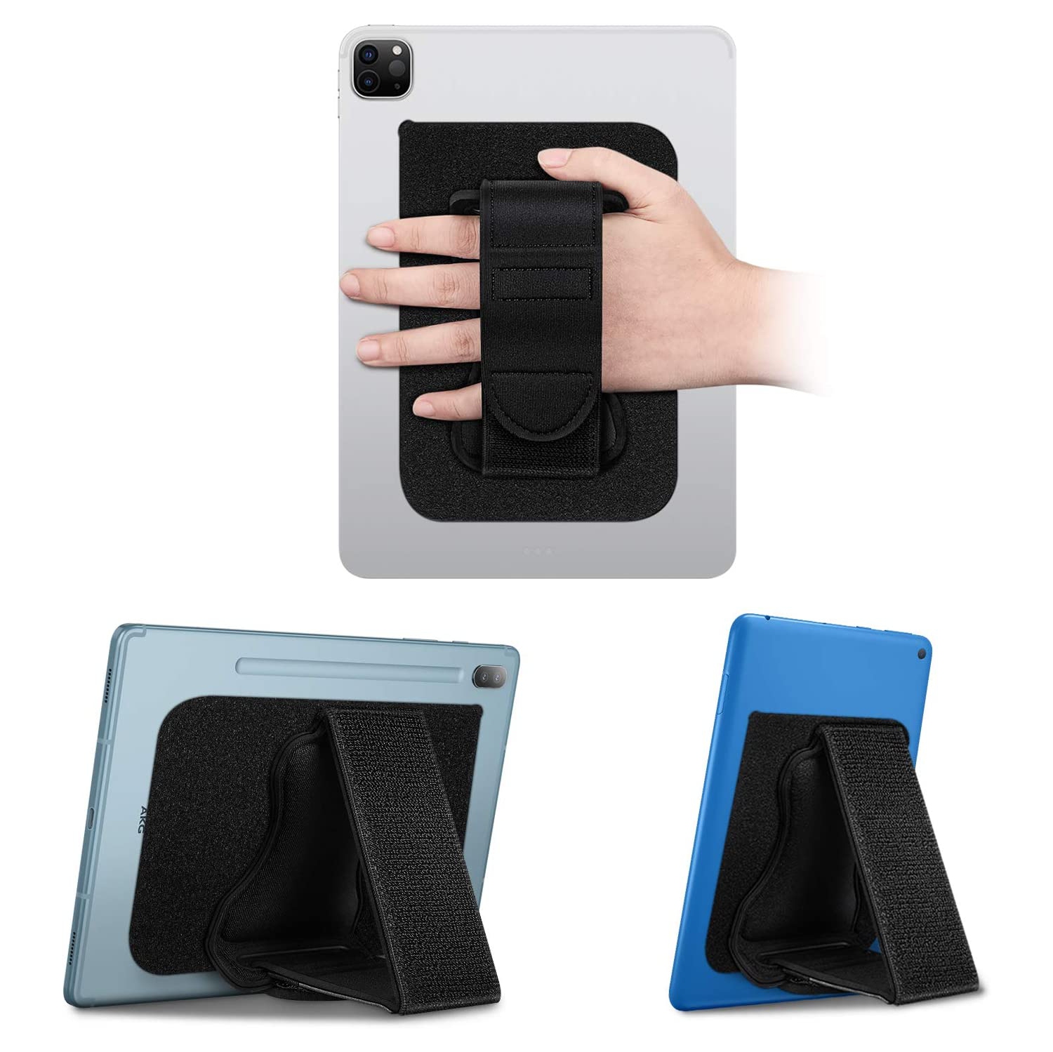 F Universal Tablet Hand Strap Holder - [Dual Stand Supports] Detachable Padded Hook & Loop Fastening Handle Grip with Adhesive Patch for iPad/Galaxy