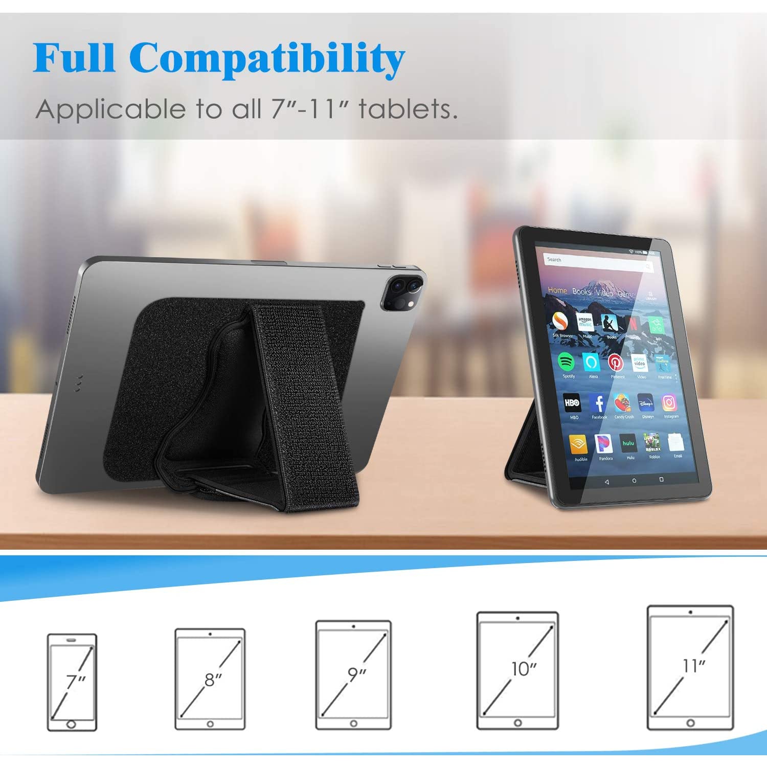 F Universal Tablet Hand Strap Holder - [Dual Stand Supports] Detachable Padded Hook & Loop Fastening Handle Grip with Adhesive Patch for iPad/Galaxy