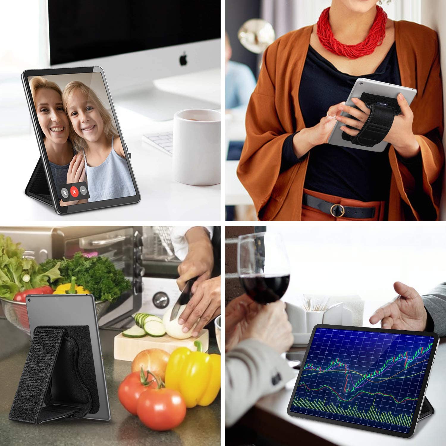 F Universal Tablet Hand Strap Holder - [Dual Stand Supports] Detachable Padded Hook & Loop Fastening Handle Grip with Adhesive Patch for iPad/Galaxy