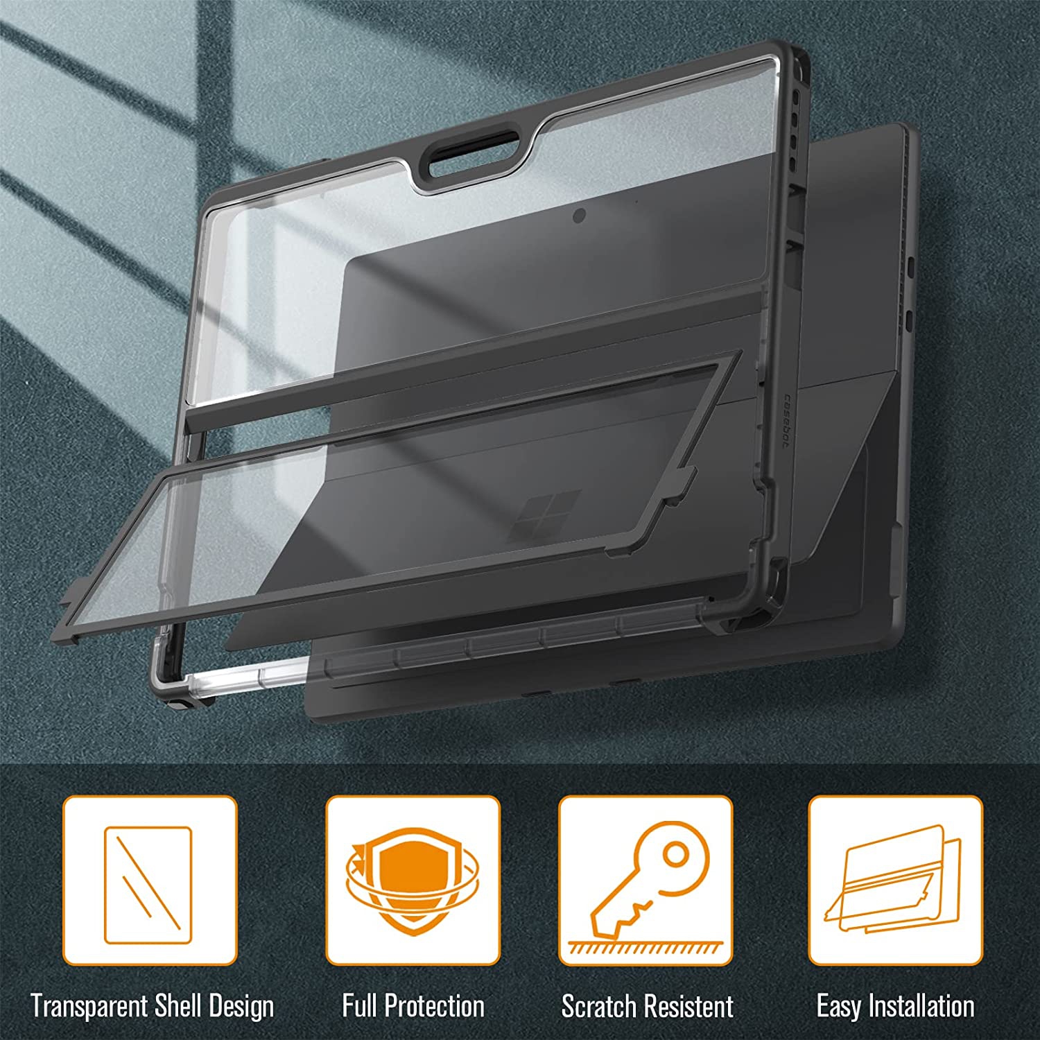 F Étui rigide pour Surface Pro 9/Pro 9 5G de 13 po de Microsoft - Étui folio robuste antichoc avec coque arrière transparente compatible avec le