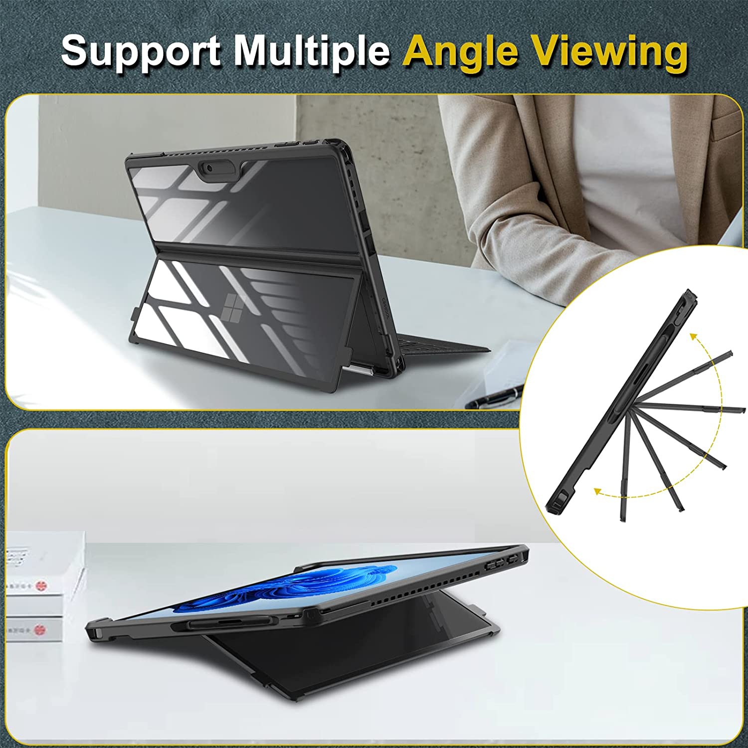 F Étui rigide pour Surface Pro 9/Pro 9 5G de 13 po de Microsoft - Étui folio robuste antichoc avec coque arrière transparente compatible avec le