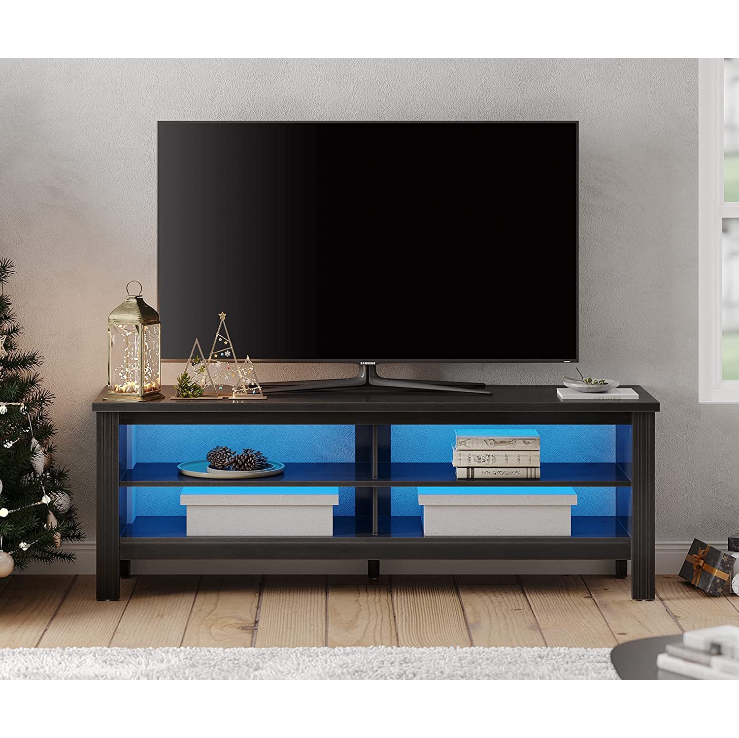 LED TV Stand for TV's up to 65" Flat Screen, Black Entertainment Center Shelf with Cuttable USB Blue Light Strip, TV Console Table with 4 Open Cubby Storage for Living Room Bedroom