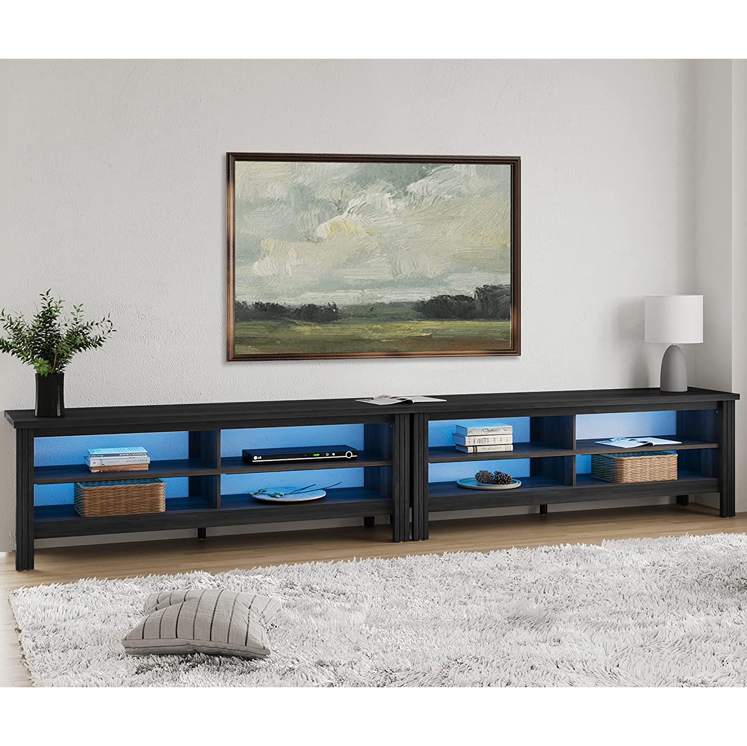 WAMPAT LED TV Stand for 85/100/110/120 Inch TV, Black Entertainment Center with Blue Lights Strip, 2 Pack Media Console Tables with 8 Cubby Storage