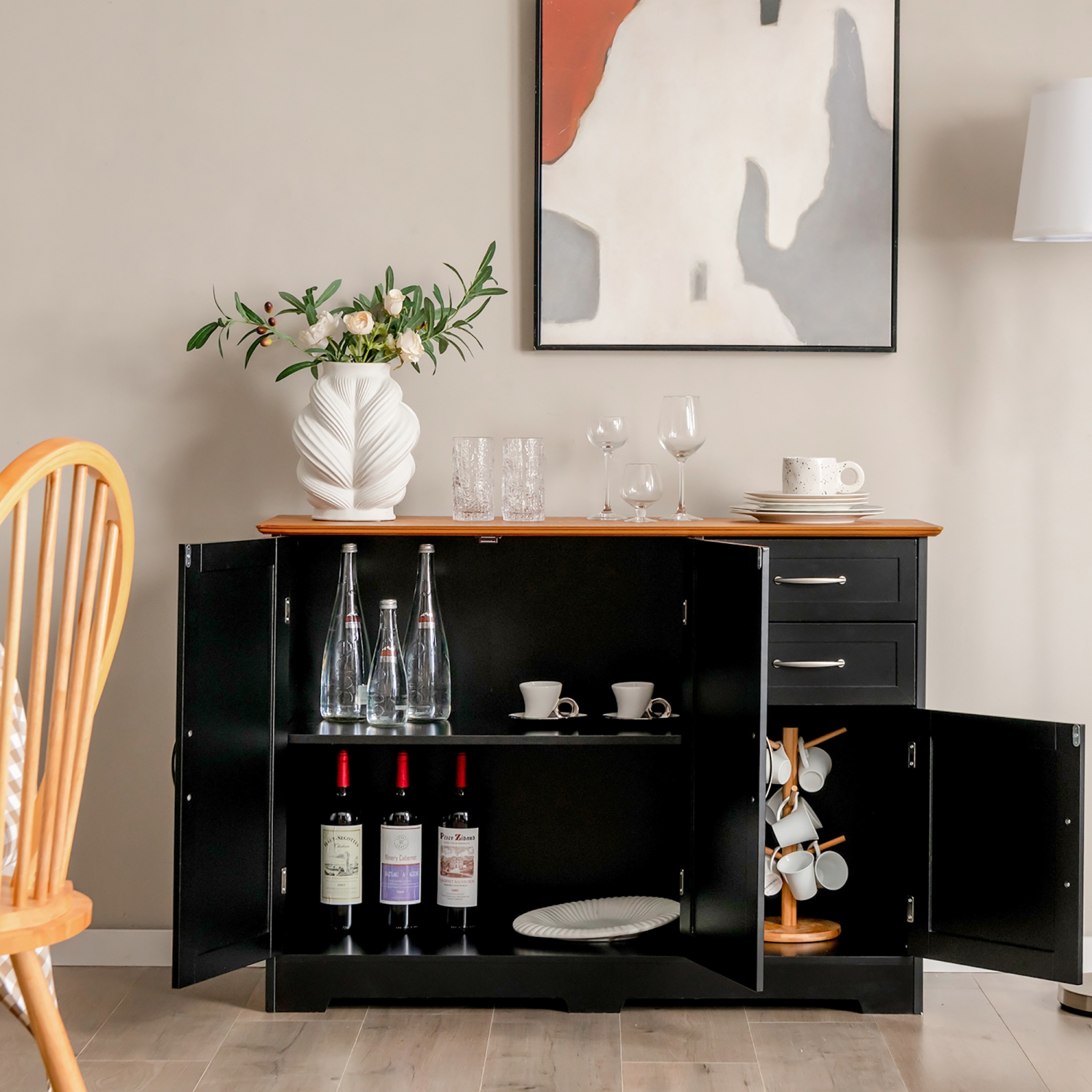 Armoire de rangement pour buffet de cuisine avec 2 tiroirs et 3 portes de Costway, noir
