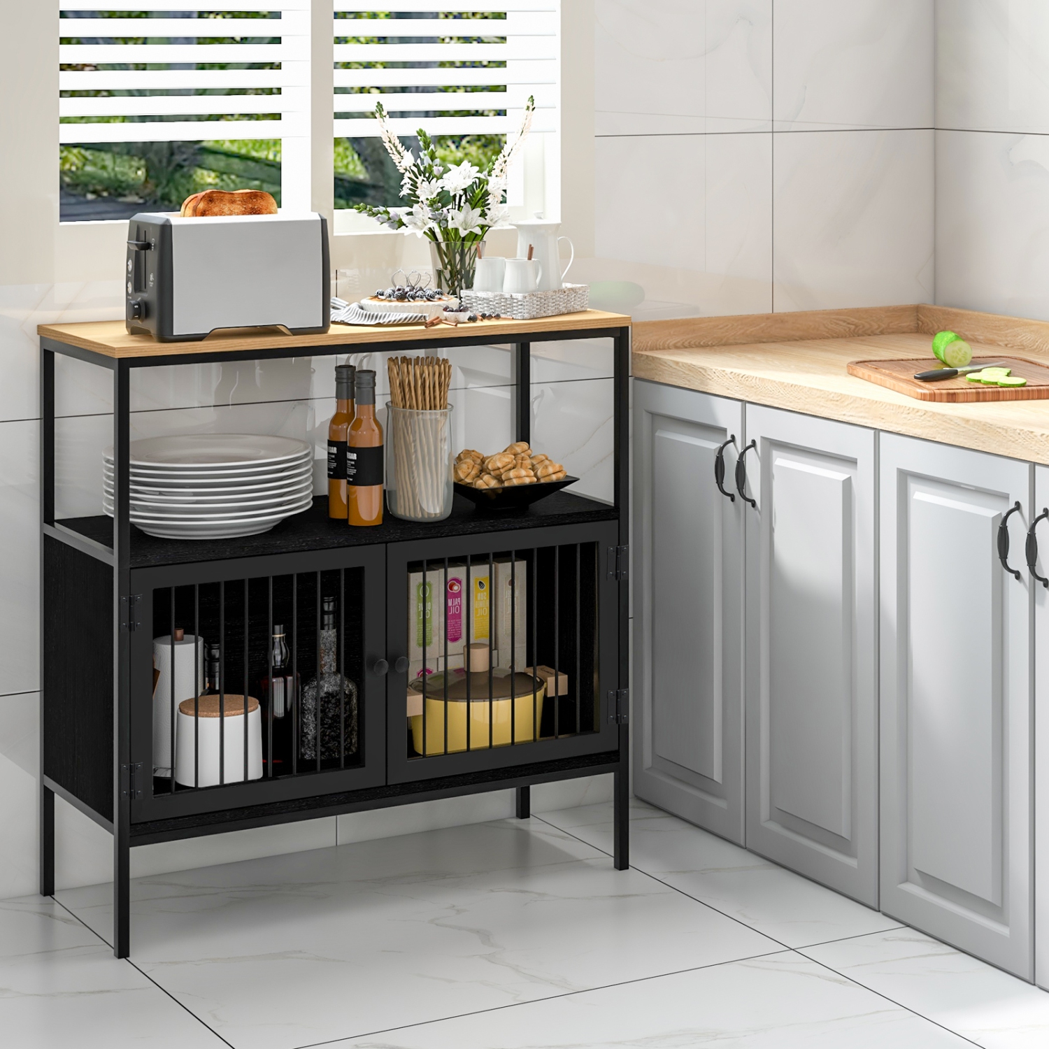 Costway Kitchen Server Buffet Sideboard Storage Cabinet Cupboard with 2 Doors & Open Shelf