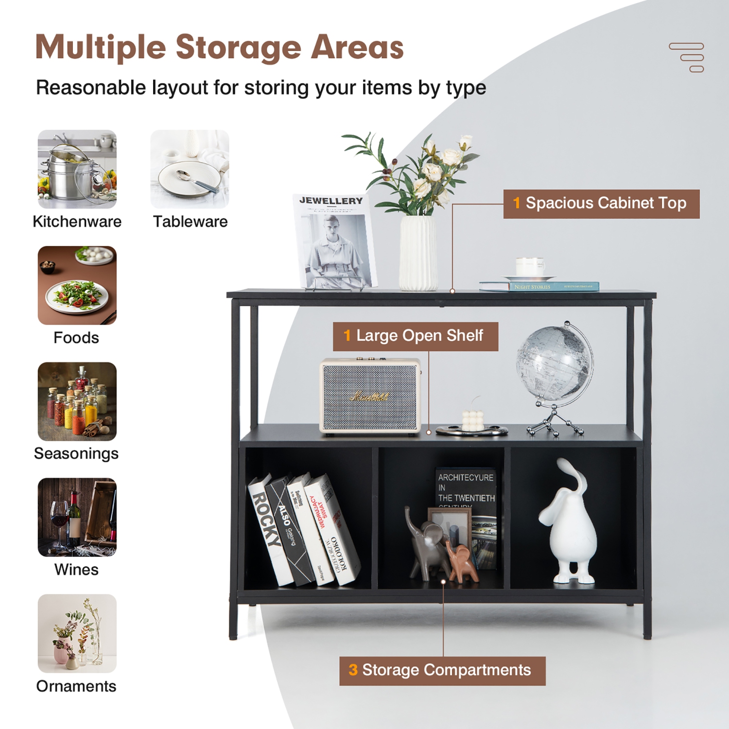 Costway Buffet Sideboard Kitchen Storage Cabinet Open Shelf w/ 3 Compartments