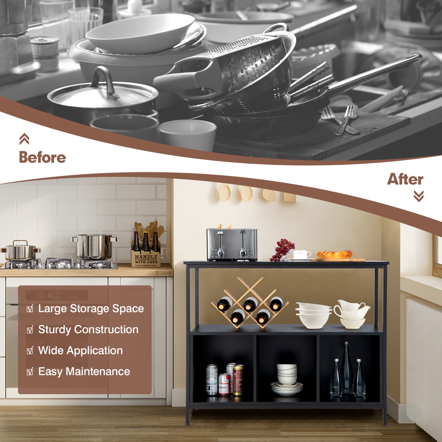 Costway Buffet Sideboard Kitchen Storage Cabinet Open Shelf w/ 3 Compartments