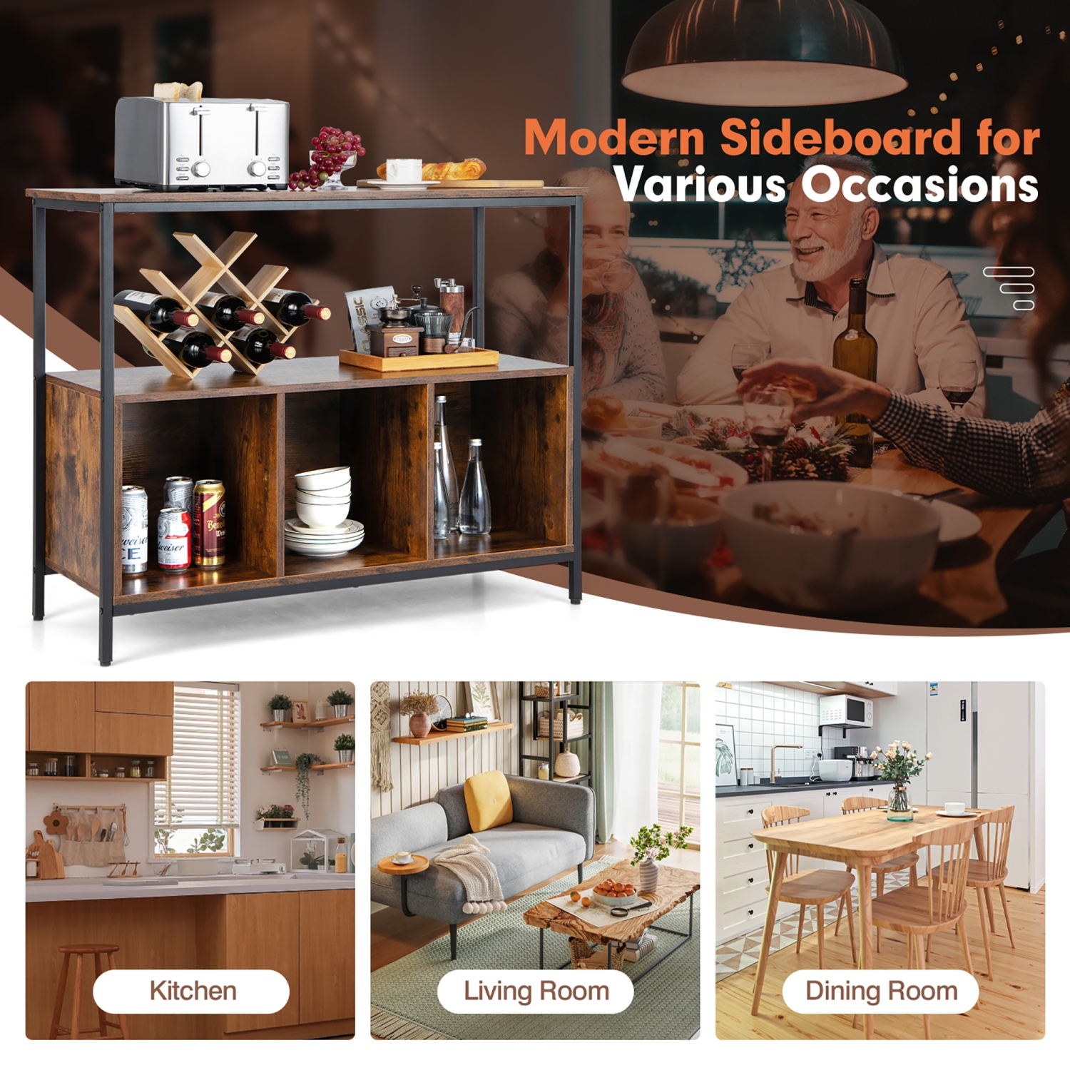 Costway Buffet Sideboard Kitchen Storage Cabinet Open Shelf w/ 3 Compartments