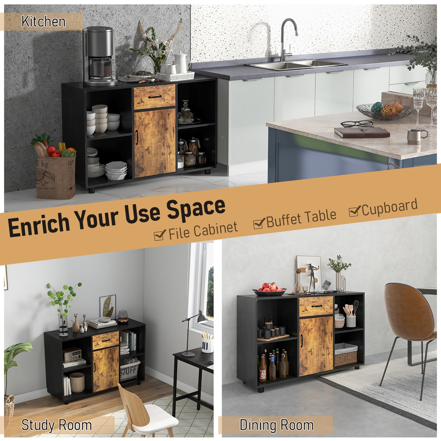 Costway Farmhouse Buffet Sideboard Coffee Bar File Cabinet Console Table withDrawer Cubby