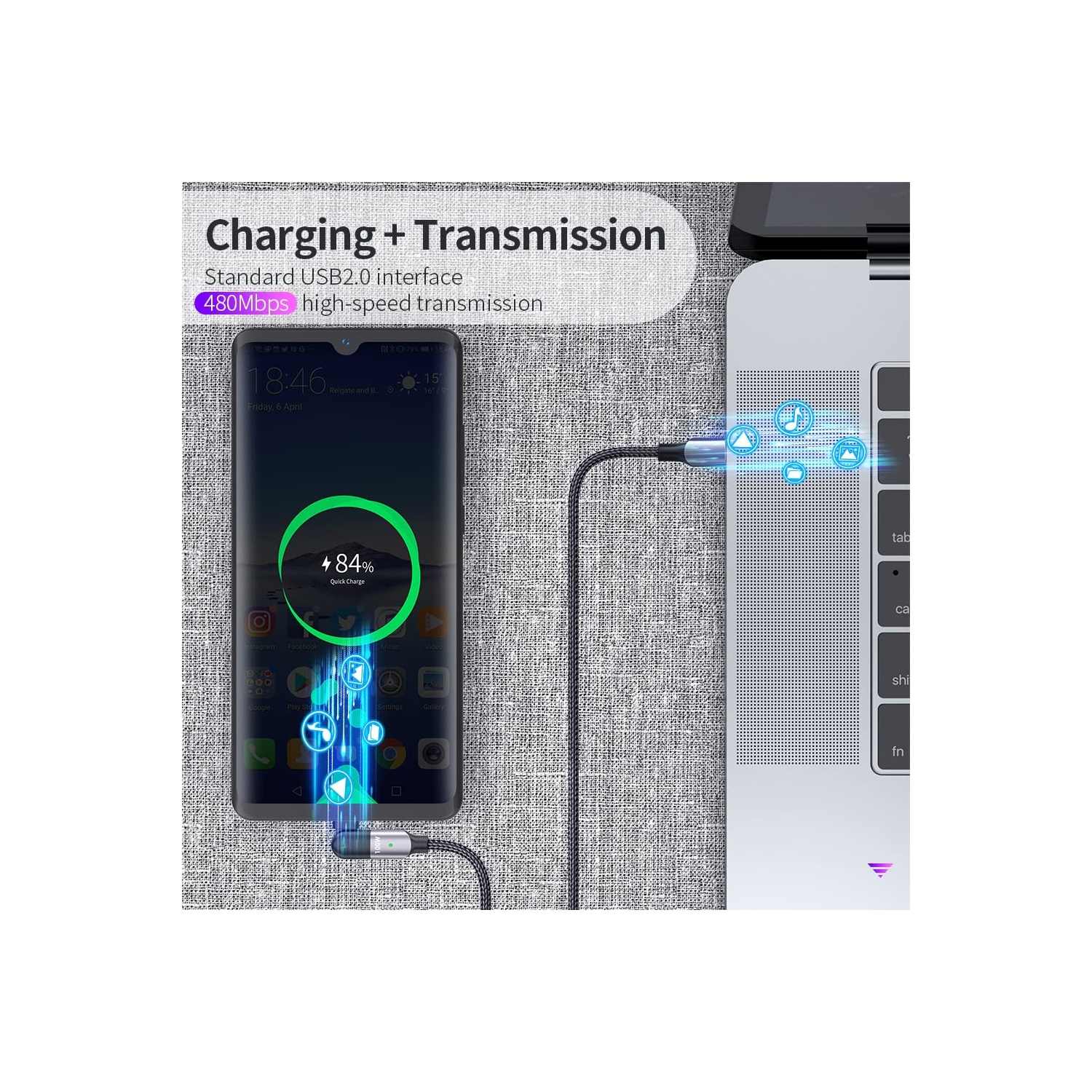 navor 2m 180 ° Rotating Head USB-C to USB-C Charging Cable Compatible for Samsung/Moto/LG Phones, Compatible for PS5/Xbox X/S Controller/Switch Pro,