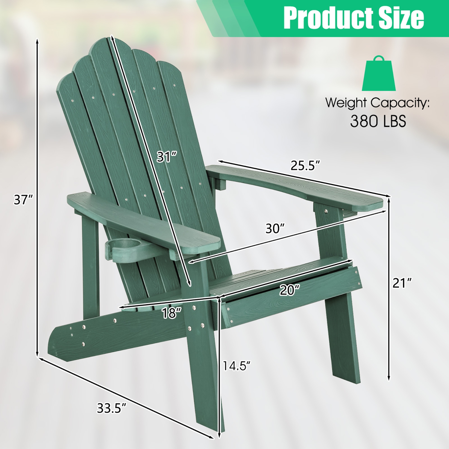 Costway Patio HIPS Adirondack Chair with Cup Holder Weather Resistant Outdoor 380 LBS