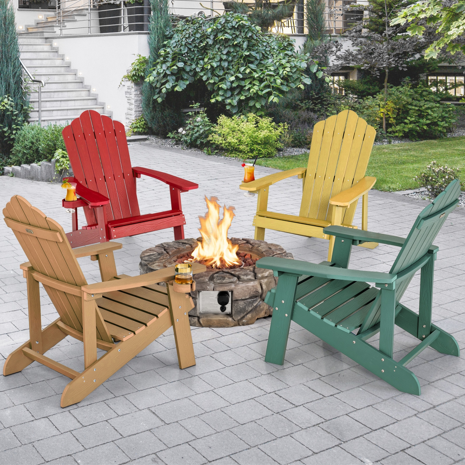Costway Patio HIPS Adirondack Chair with Cup Holder Weather Resistant Outdoor 380 LBS