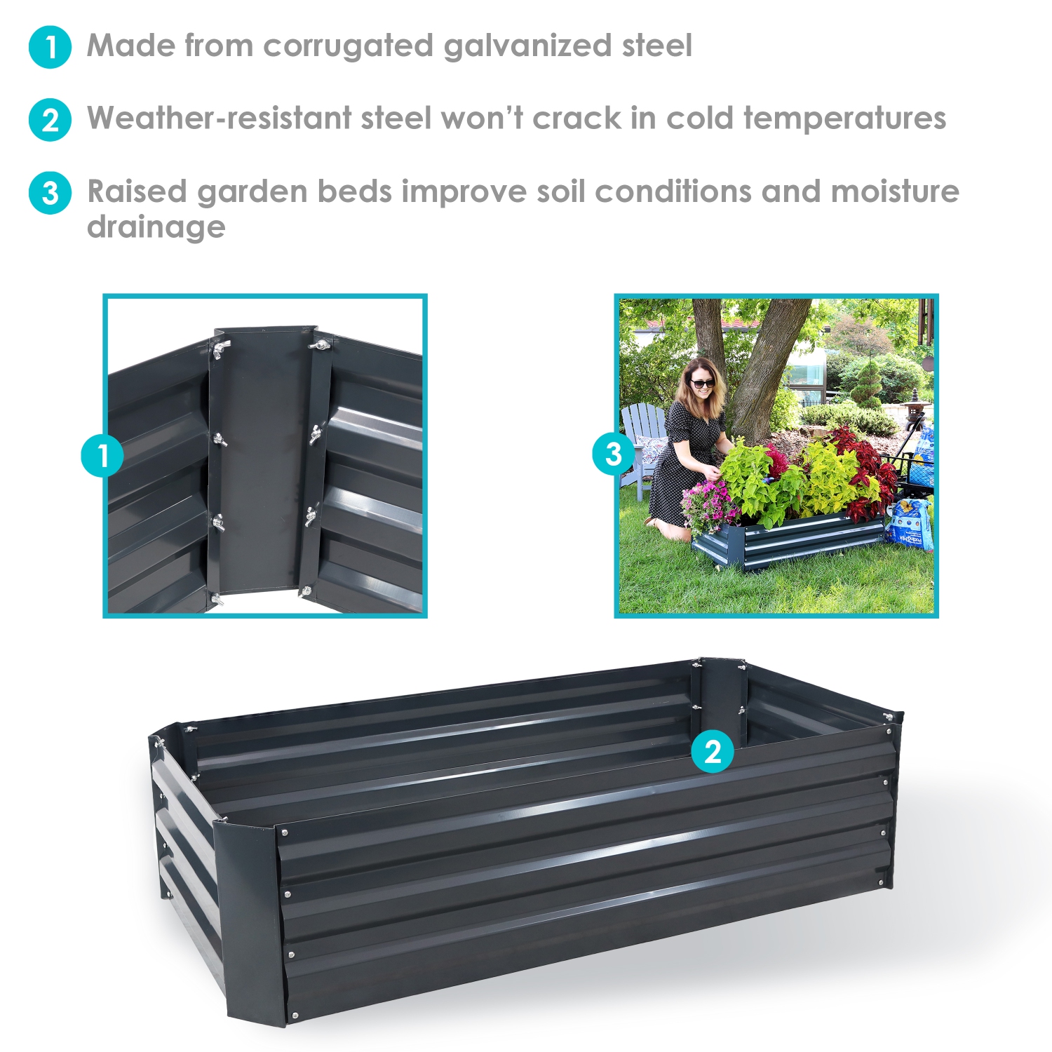Sunnydaze Galvanized Steel Rectangle Raised Garden Bed - 48 in - Dark Gray