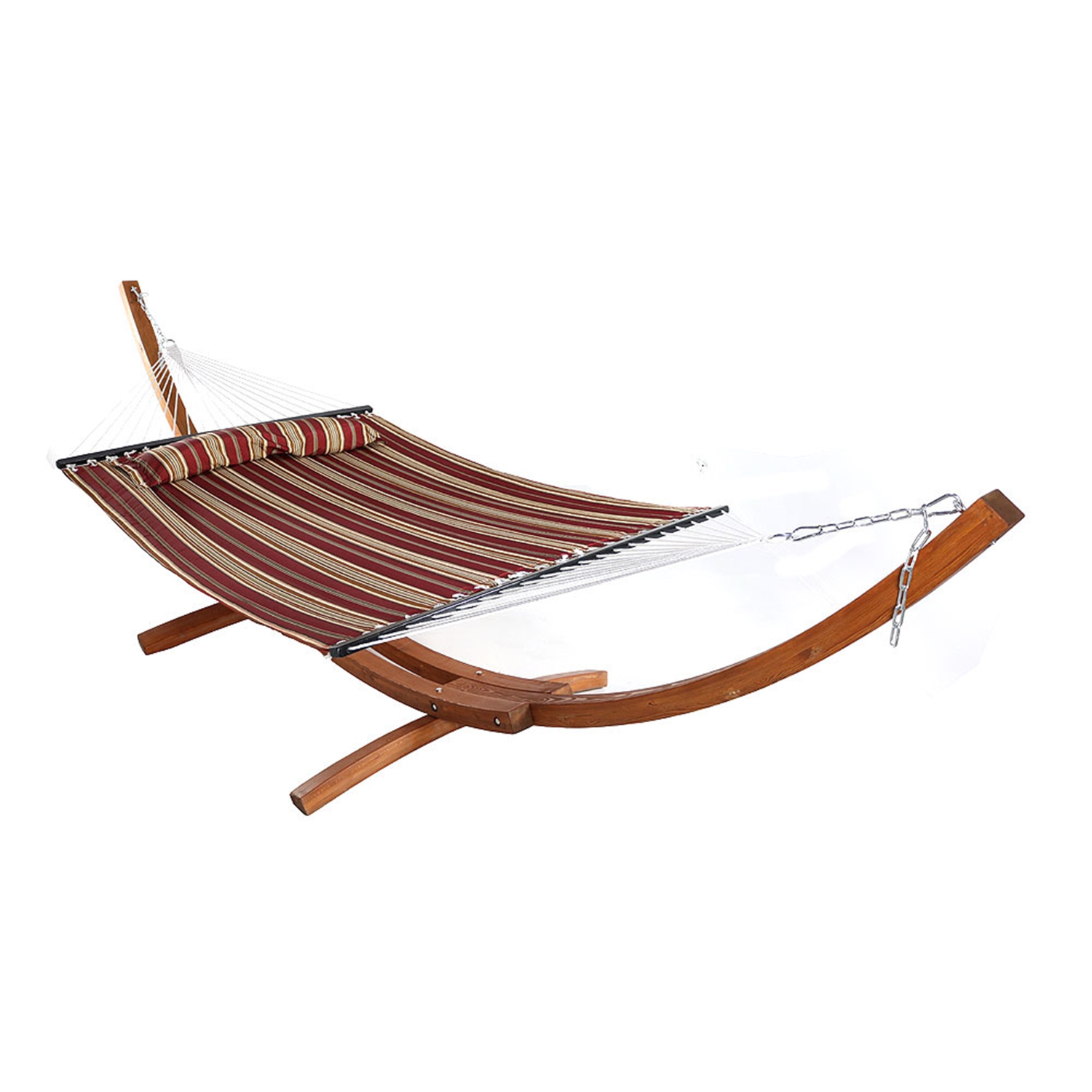 Sunnydaze 2-Person Quilted Hammock with Curved Wooden Stand - Red Stripe