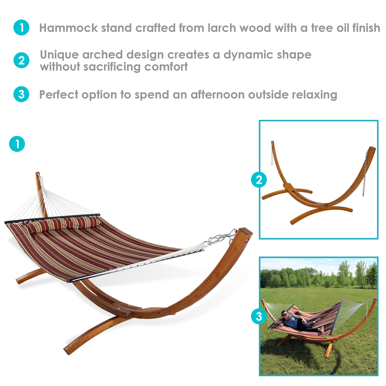 Sunnydaze 2-Person Quilted Hammock with Curved Wooden Stand - Red Stripe