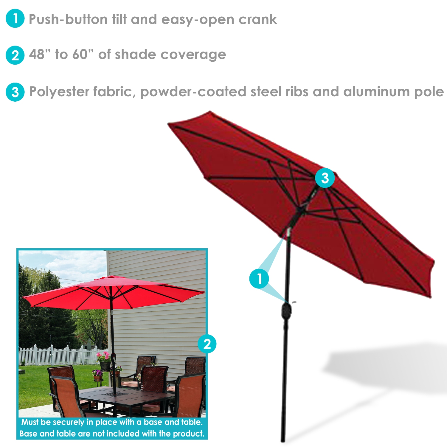 Sunnydaze – Parasol de patio en aluminium avec bascule et manivelle - Rouge - 9 pieds